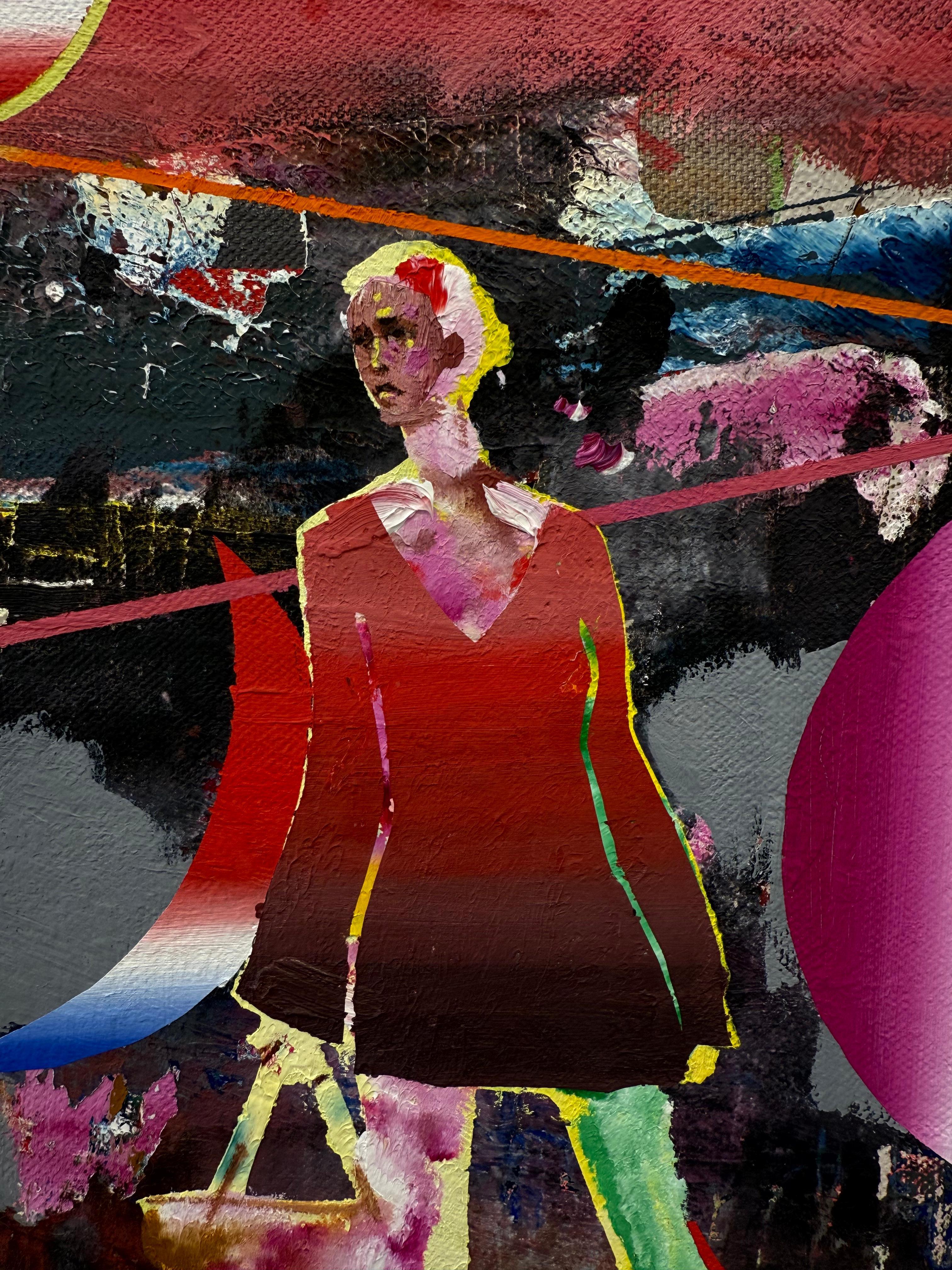 “Disintegrate My Blue Skies” by Justin Price explores the push and pull between melancholy and joy through layered abstraction and figurative detail. The composition features two women whose faces are painted with realistic precision, while their