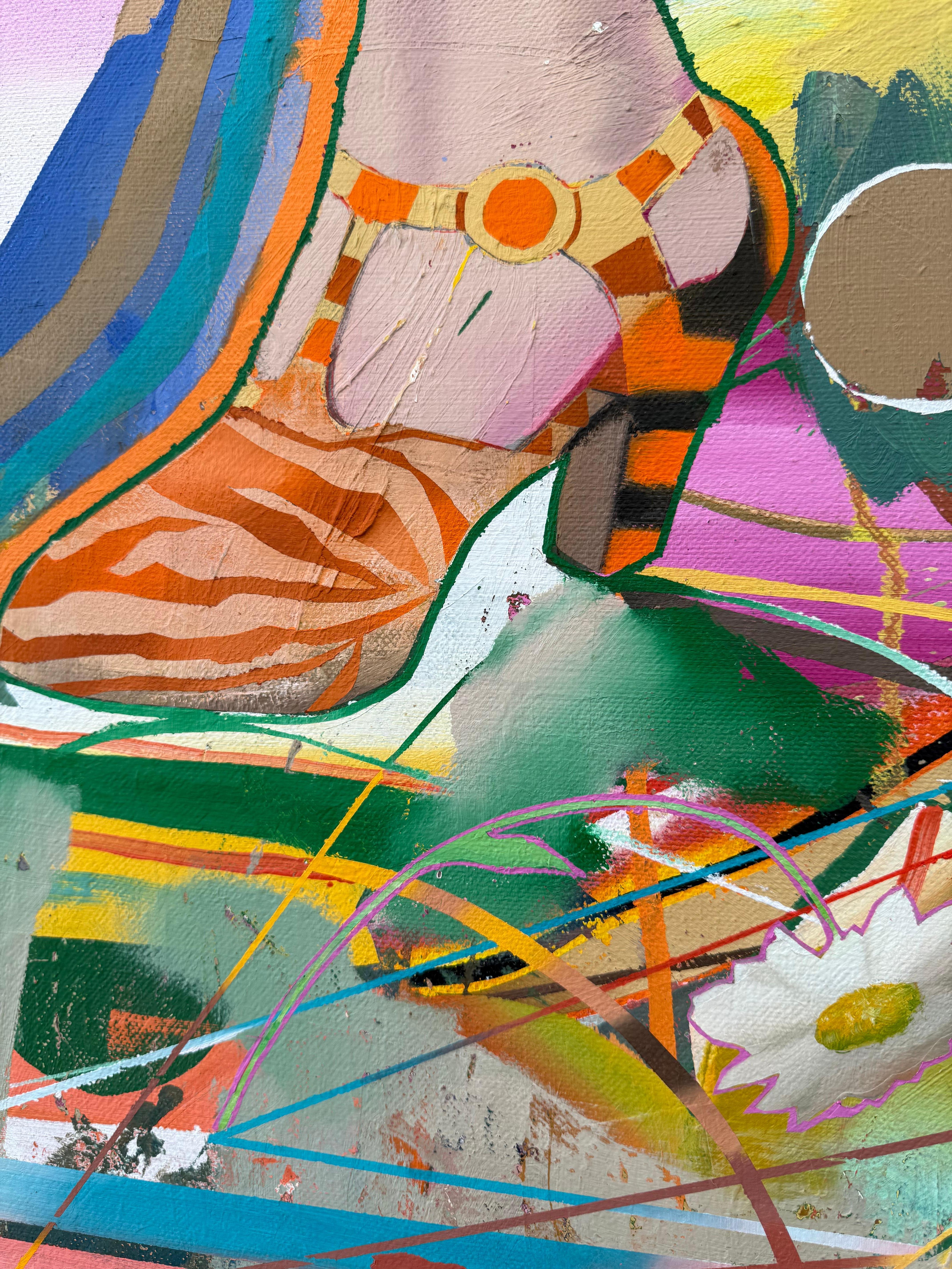 “The Best of All Possible Worlds” by Justin Price is a vibrant oil on canvas that radiates energy, movement, and playful complexity. Near the top of the composition, a whimsical pair of shoes immediately draws the viewer’s attention before leading