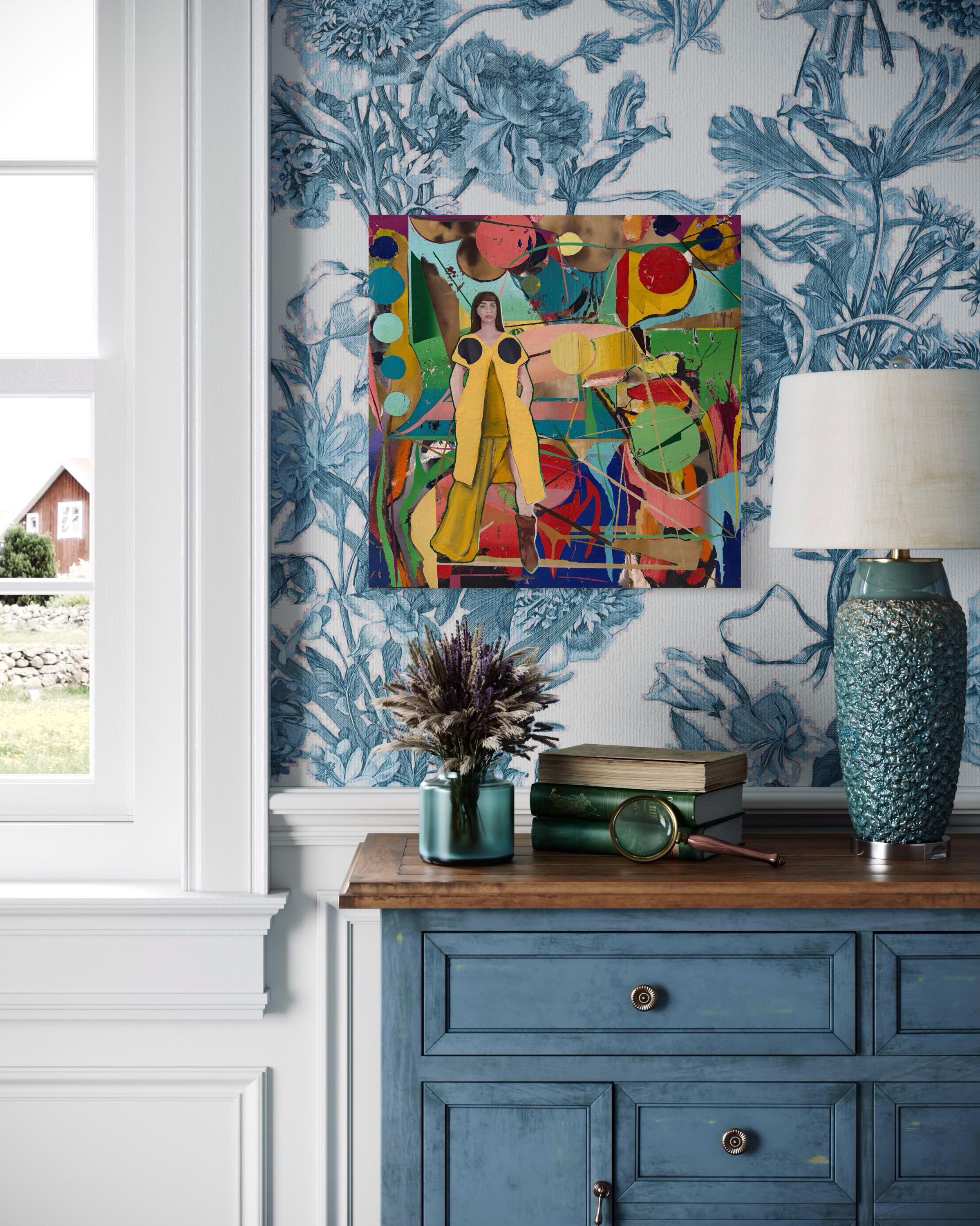 “Wearing Rick Owens in West Hollywood” by Justin Price fuses high-fashion elegance with vibrant urban abstraction. At its core, a confident woman steps forward in a runway-ready yellow Rick Owens outfit. This striking figure floats above a spirited