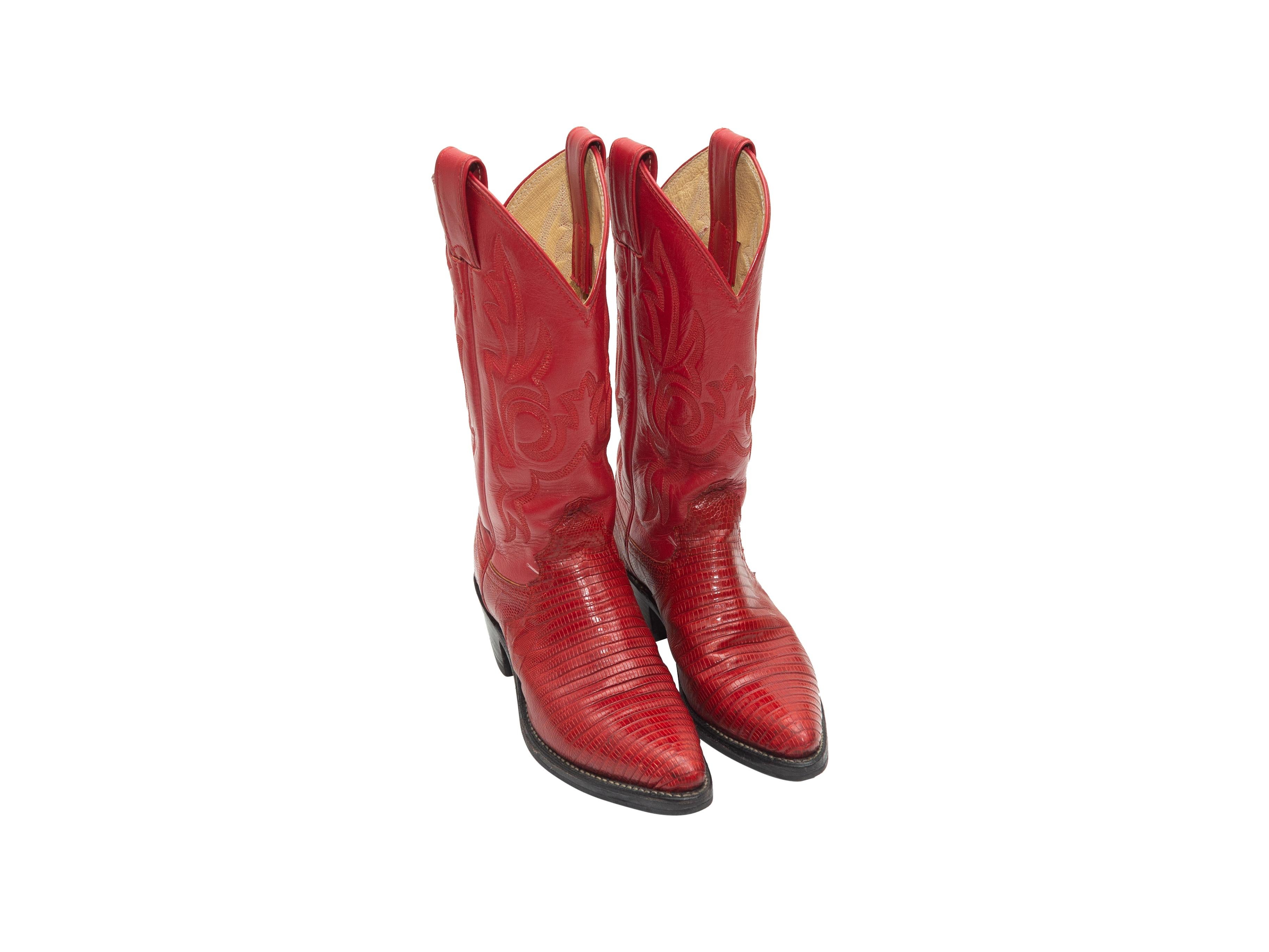 Product details: Vintage red leather cowboy boots by Justin. Stacked heels. 1.75