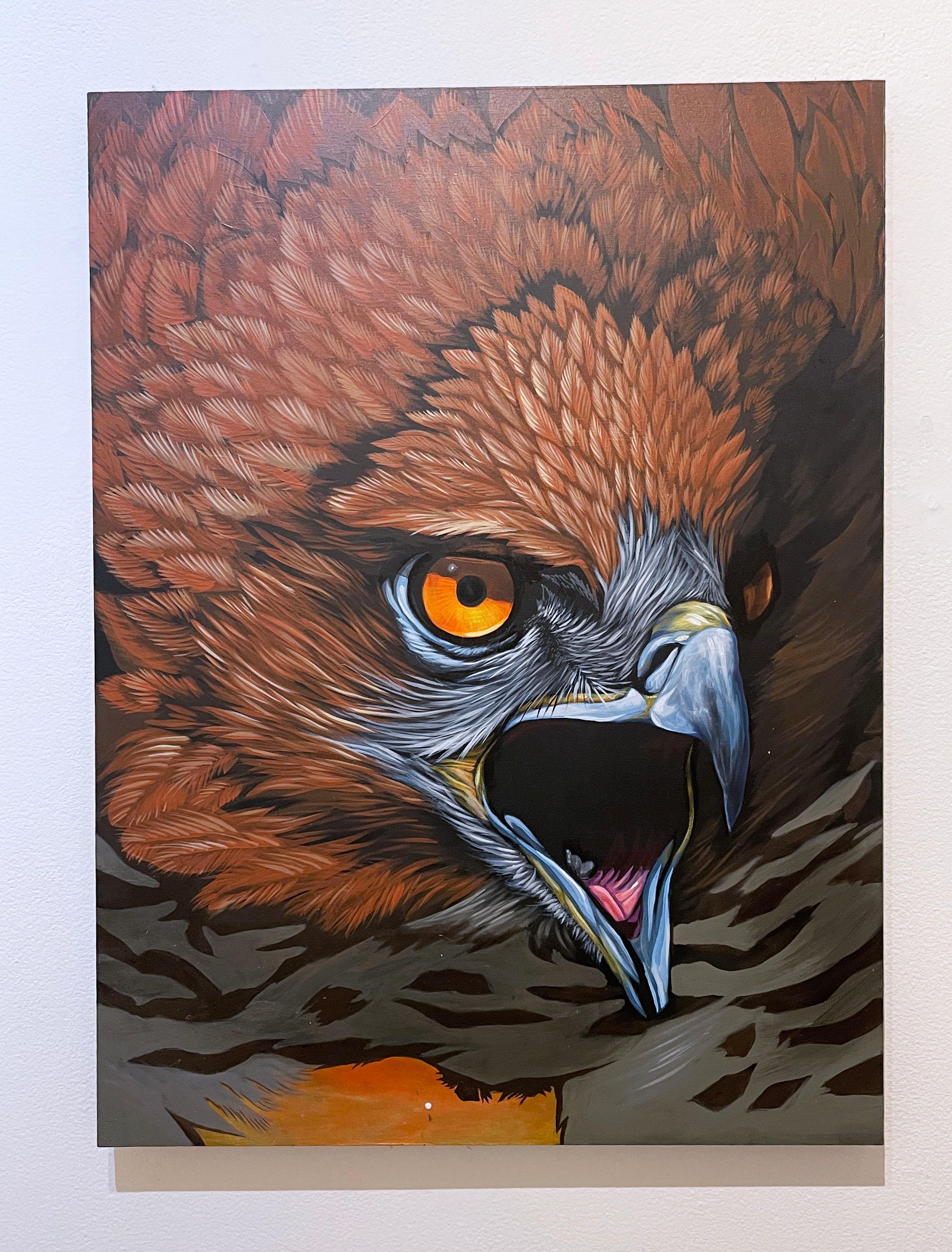 Amber (2022) by Justin Suarez / Aerosol Kingdom, animal, bird of prey, raptor - Painting by Justin Suarez aka Aerosol Kingdom