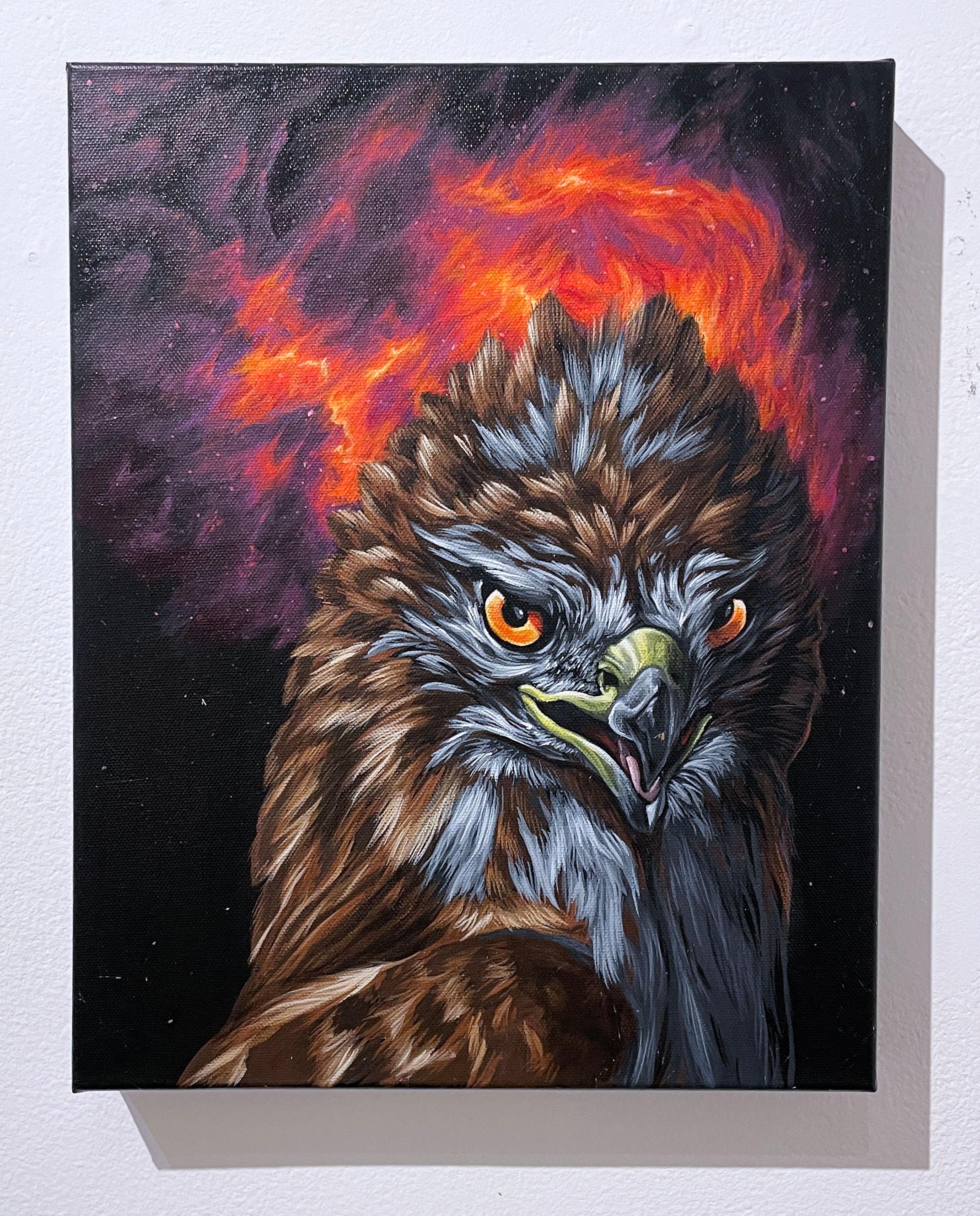 Ignition (2019) by Justin Suarez /Aerosol Kingdom, animal, bird, black, fire red - Painting by Justin Suarez aka Aerosol Kingdom