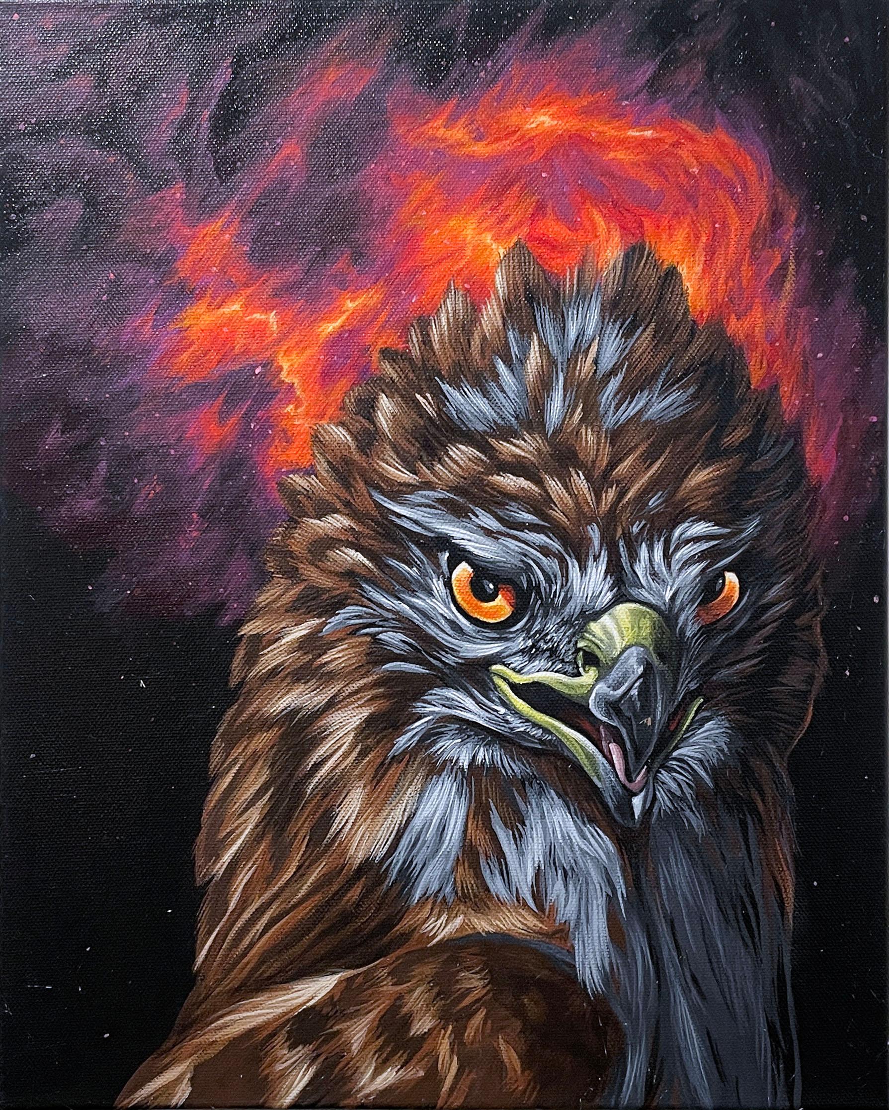 Justin Suarez aka Aerosol Kingdom Animal Painting - Ignition (2019) by Justin Suarez /Aerosol Kingdom, animal, bird, black, fire red