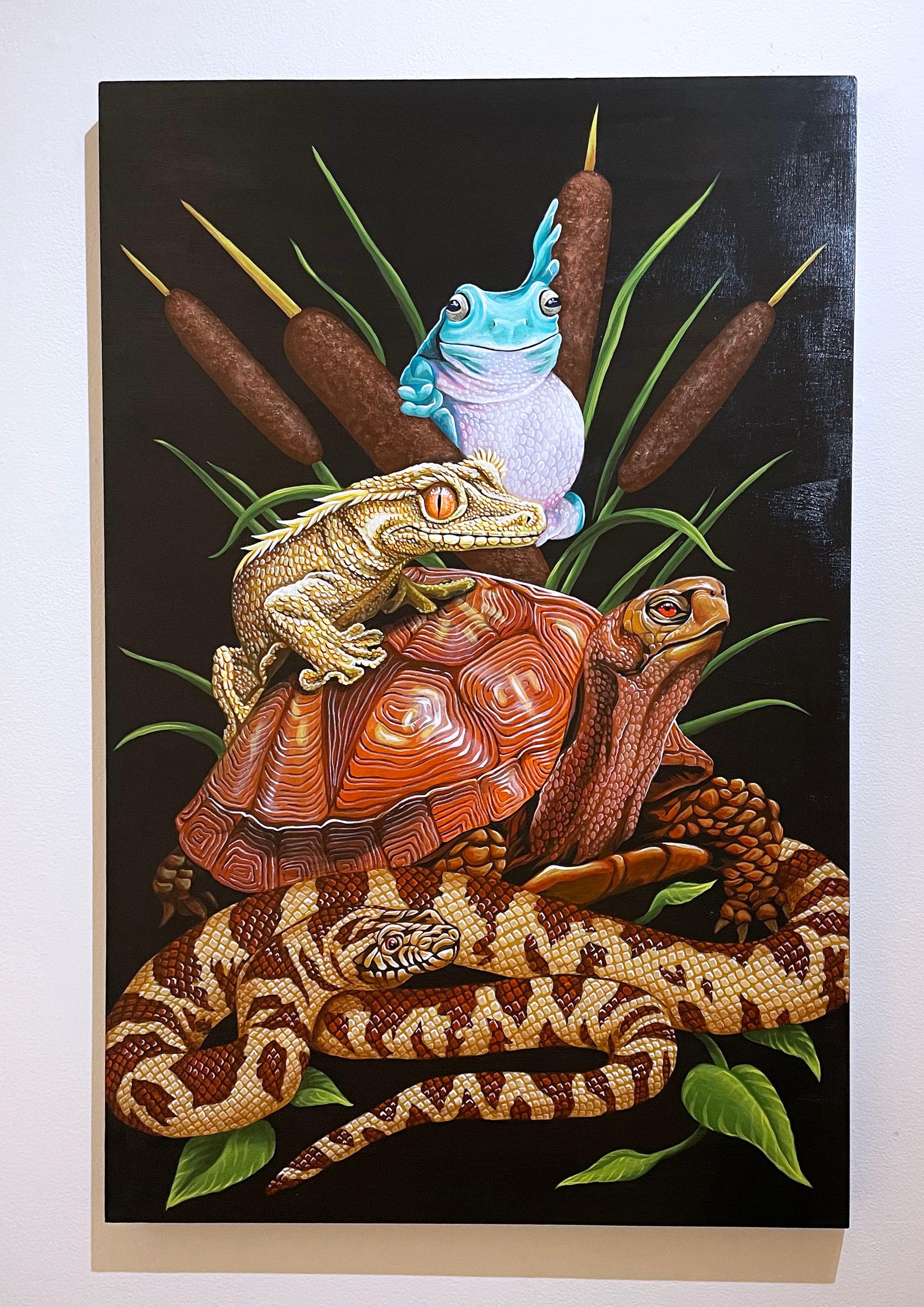 Menagerie (2022) by Justin Suarez / Aerosol Kingdom, lizard, frog, snake, turtle - Painting by Justin Suarez aka Aerosol Kingdom