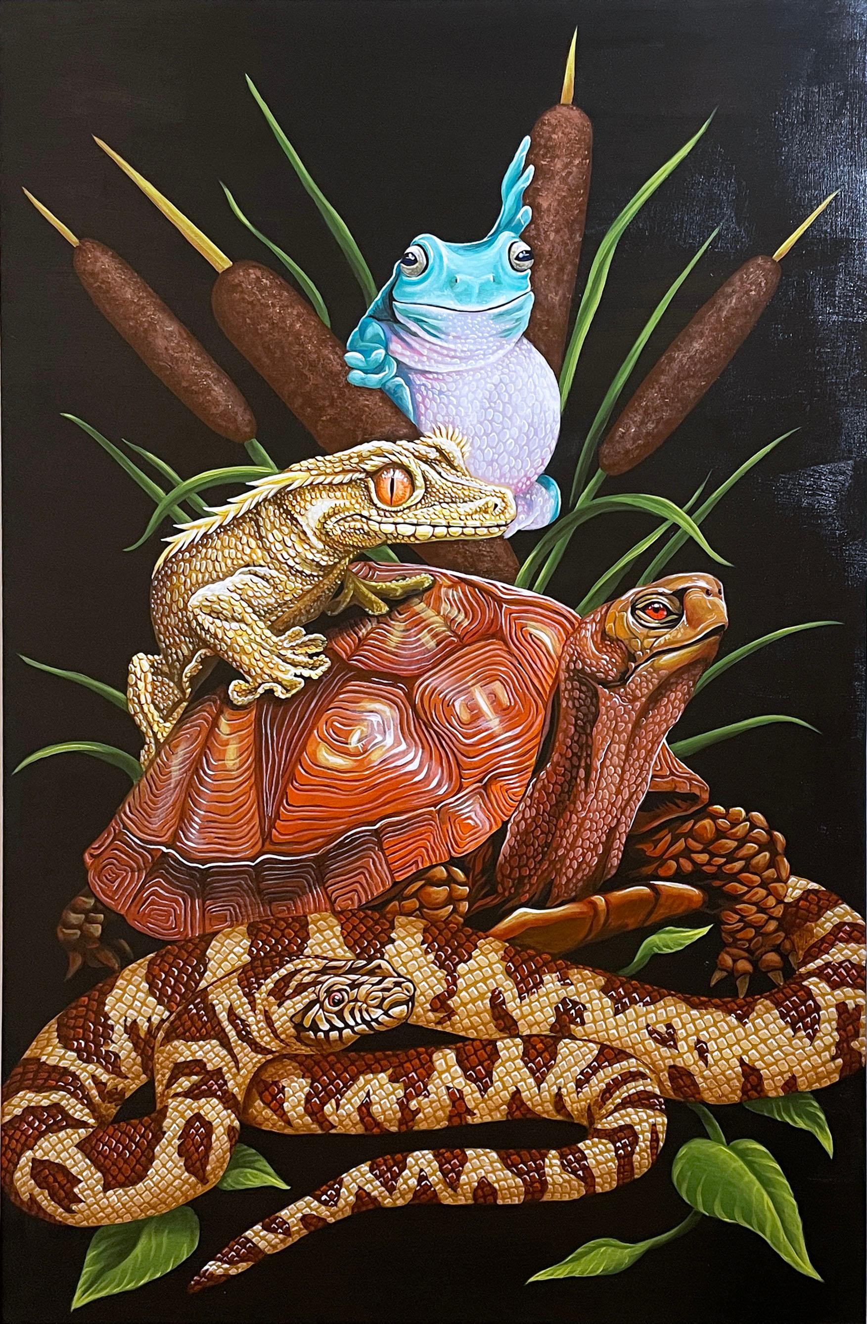 Menagerie (2022) by Justin Suarez / Aerosol Kingdom, lizard, frog, snake, turtle