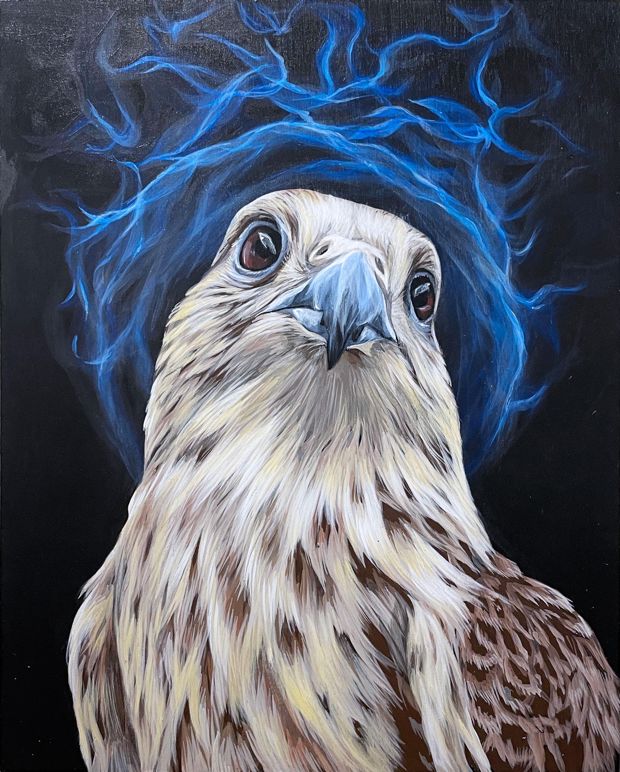 Justin Suarez aka Aerosol Kingdom Animal Painting - Sparkcaster (2019) by Justin Suarez / Aerosol Kingdom, animal, bird, black, blue