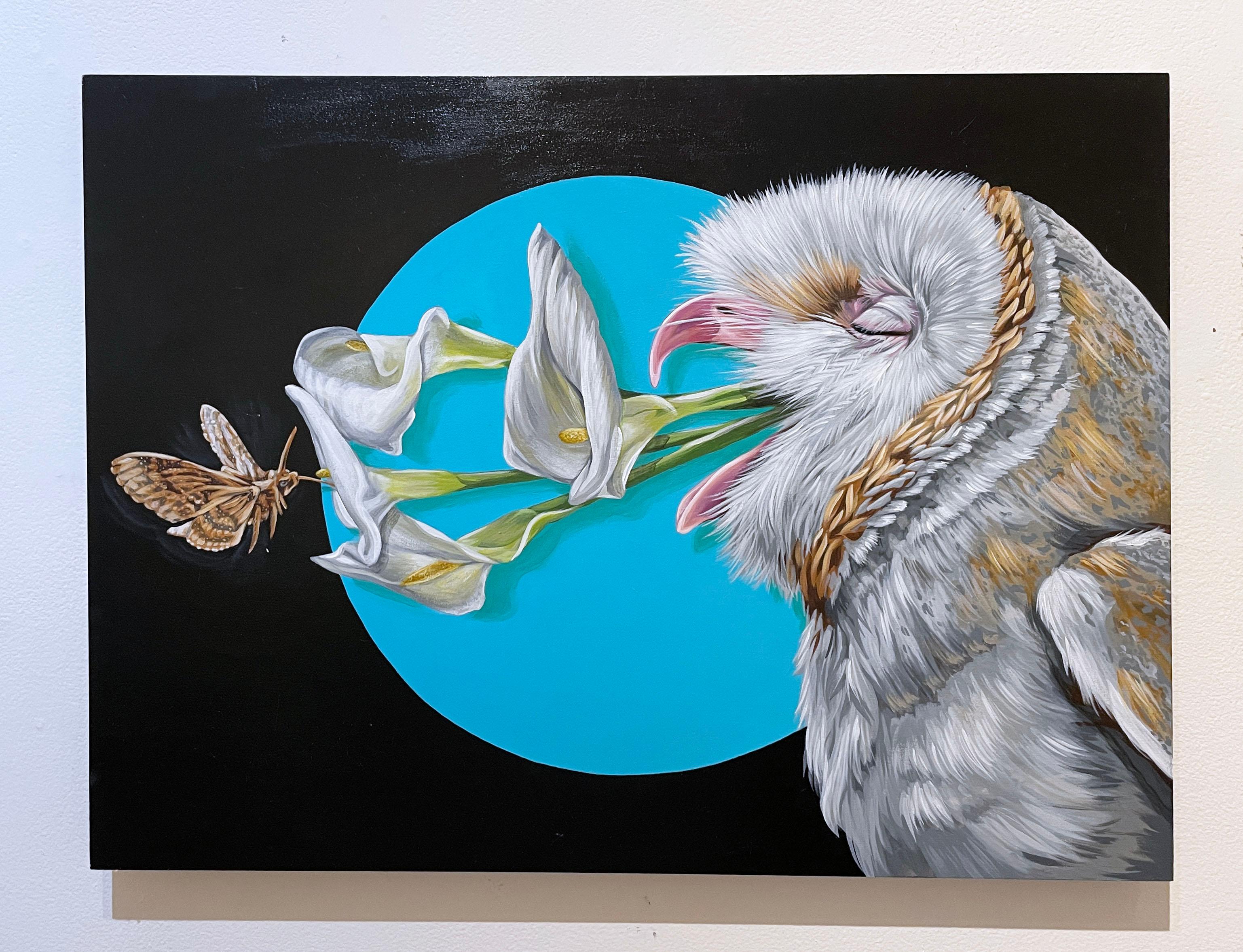 Untitled (barn owl) (2019) by Justin Suarez / Aerosol Kingdom, flowers, moth - Painting by Justin Suarez aka Aerosol Kingdom