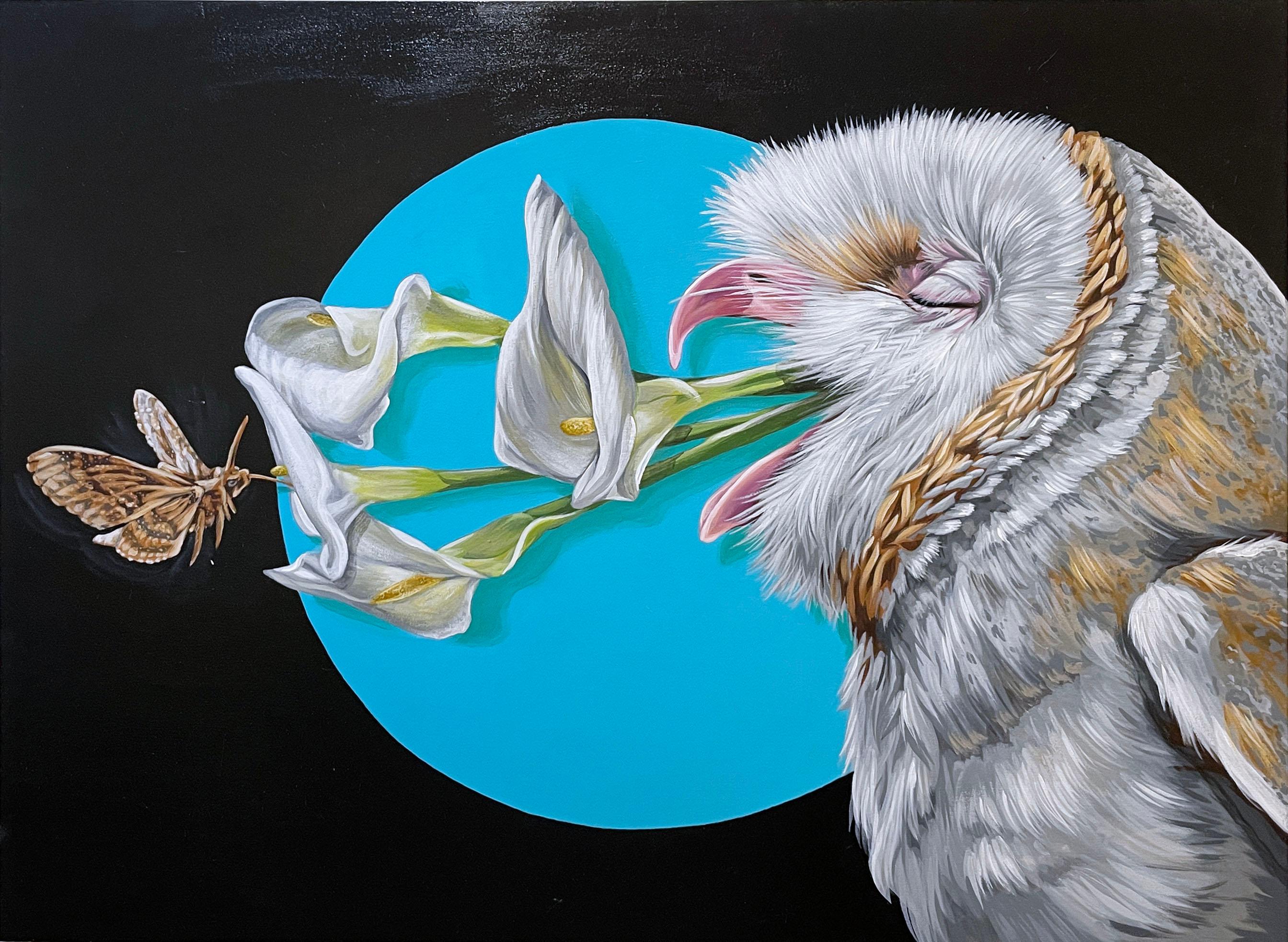 Untitled (barn owl) (2019) by Justin Suarez / Aerosol Kingdom, flowers, moth