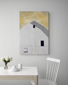 « Coucher de soleil d'été » - Peinture contemporaine à l'acrylique représentant une grange, réalisée sur panneau