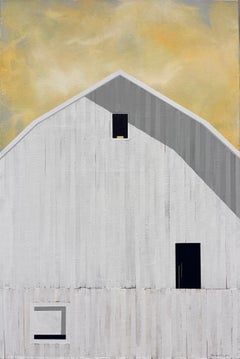 « Coucher de soleil d'été » - Peinture contemporaine à l'acrylique représentant une grange, réalisée sur panneau