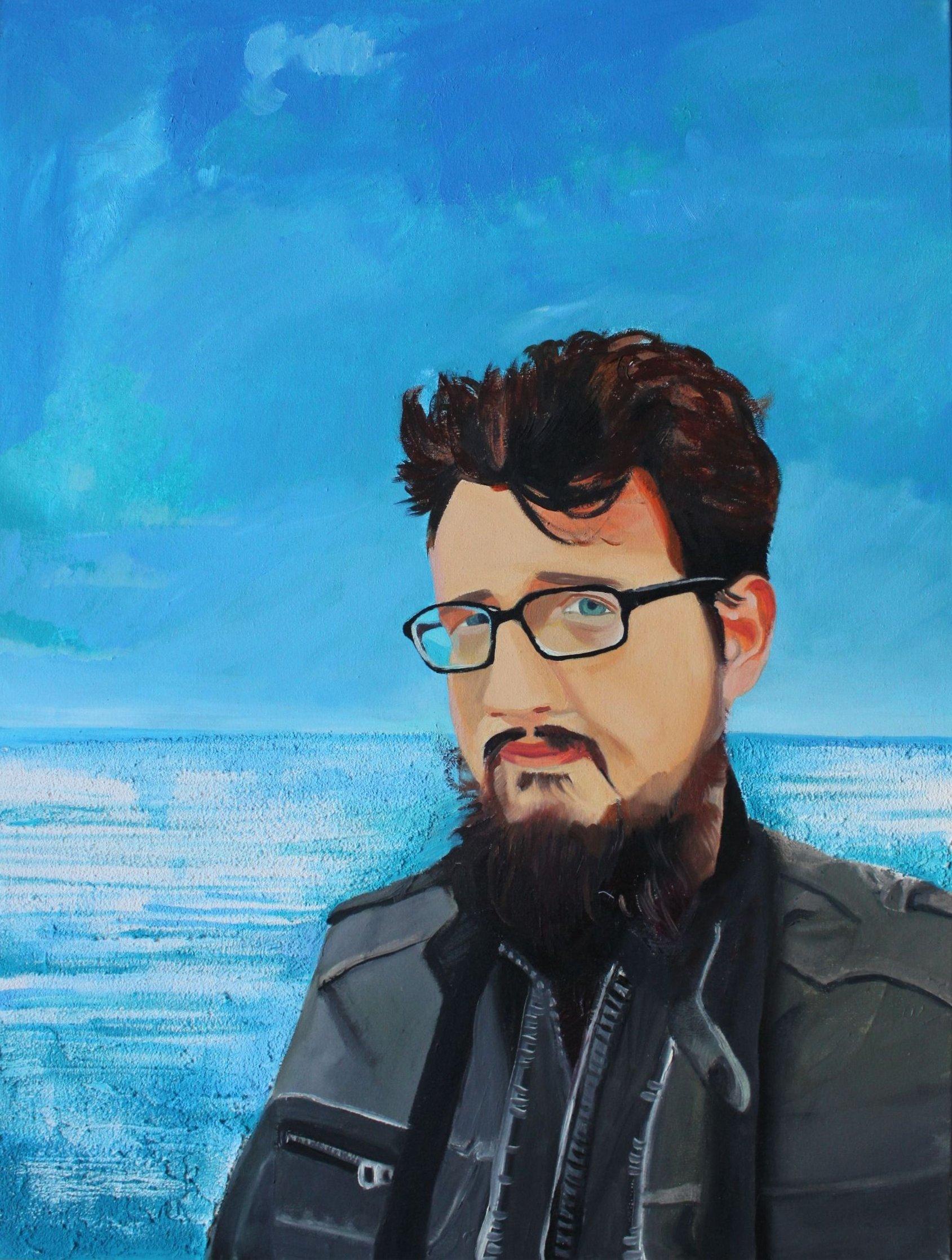 Justine Plankaja Figurative Painting – Edgars on the Shore. Leinwand/Öl, 80x60 cm