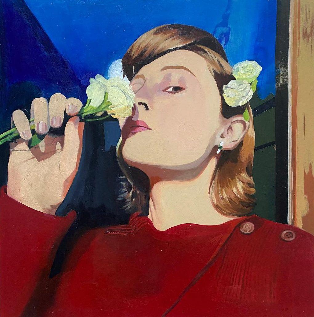 Justine Plankaja Figurative Painting – Lisante bei Nacht. 2025. Pappe/Öl, 40x40 cm