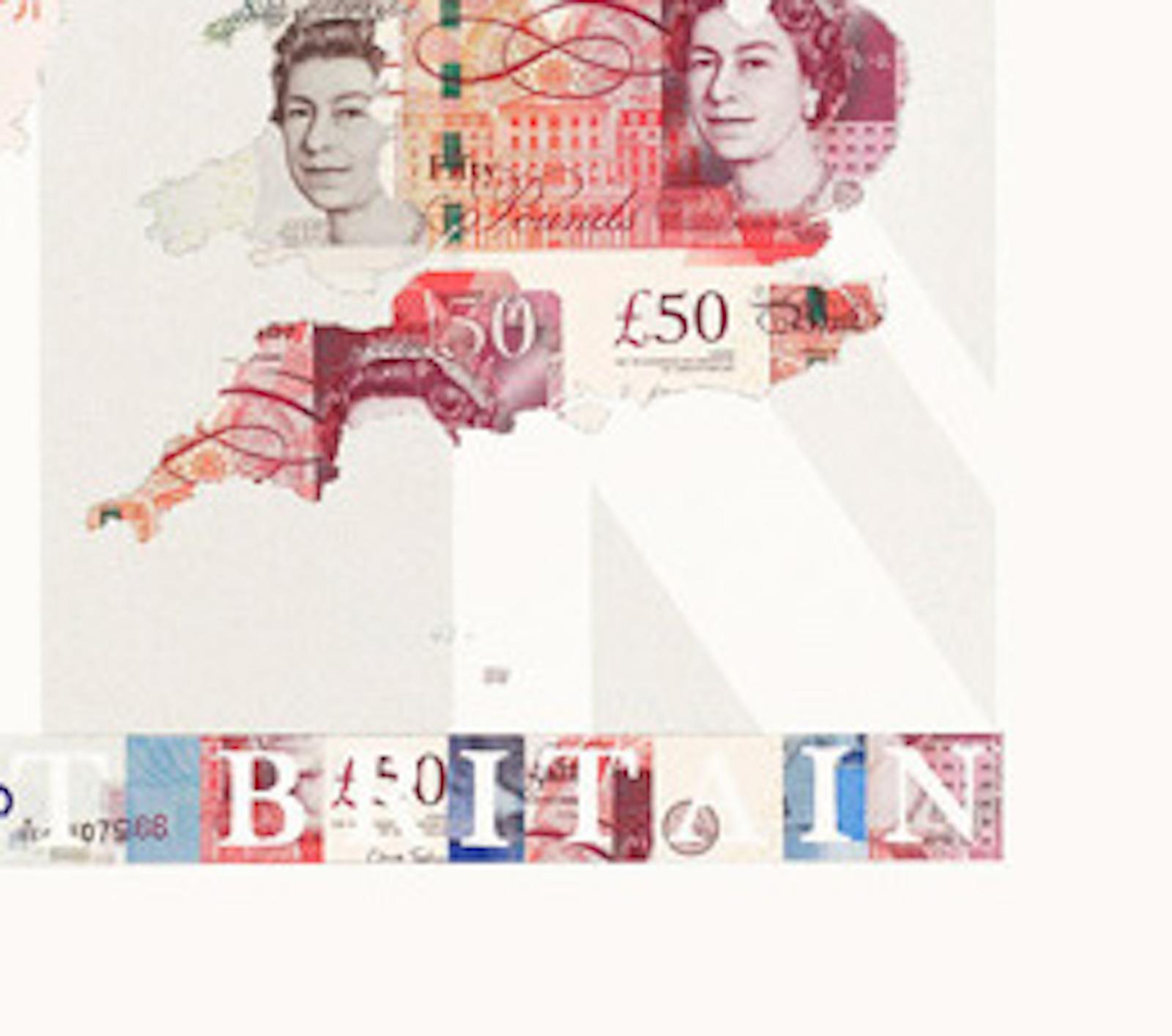 Großbritannien ist ein geografischer Druck in limitierter Auflage mit Perlmuttsiebdruck-Details von Justine Smith. Dieses Kunstwerk wird auf 330gsm Someset-Satinpapier gedruckt. Die Verwendung verschiedener Währungen zur Erstellung der Karte