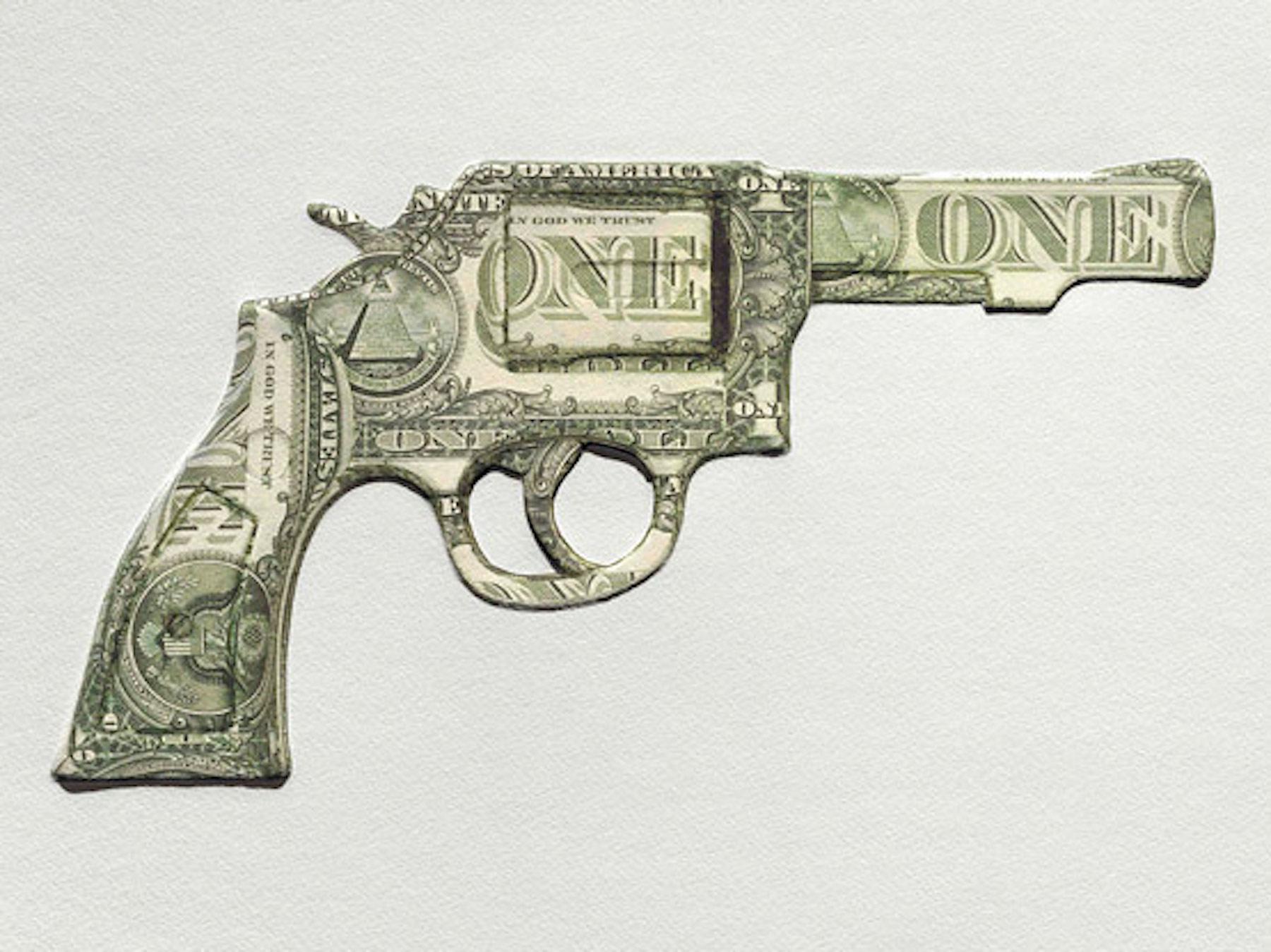 Judgement, Pop Art, Still Life Art, Political Artwork, Dollar Print, Gun Art