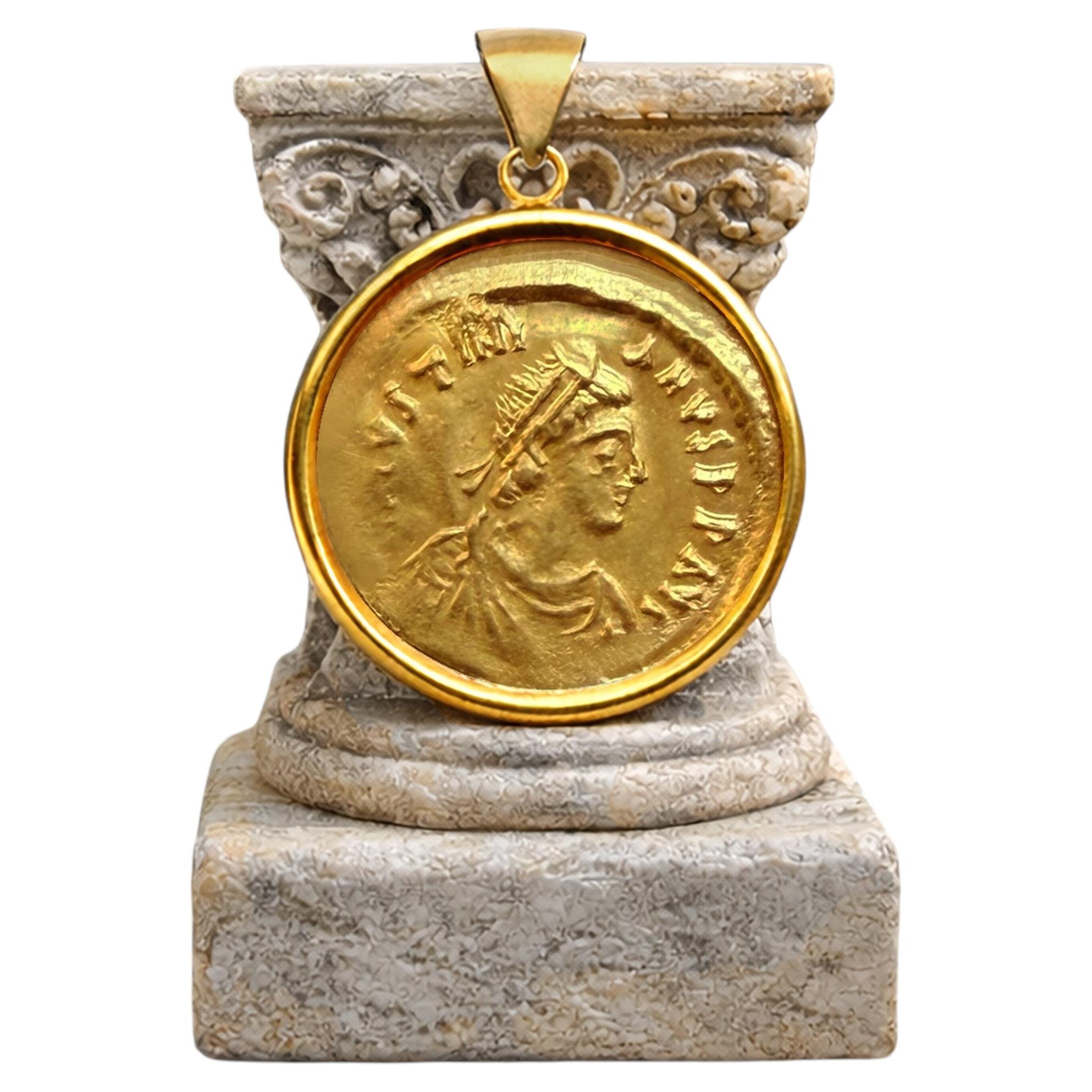 JUSTINIEN Ier Pièce de monnaie byzantine en or 24Kt 6ème cent. Pendentif ADS 18kt