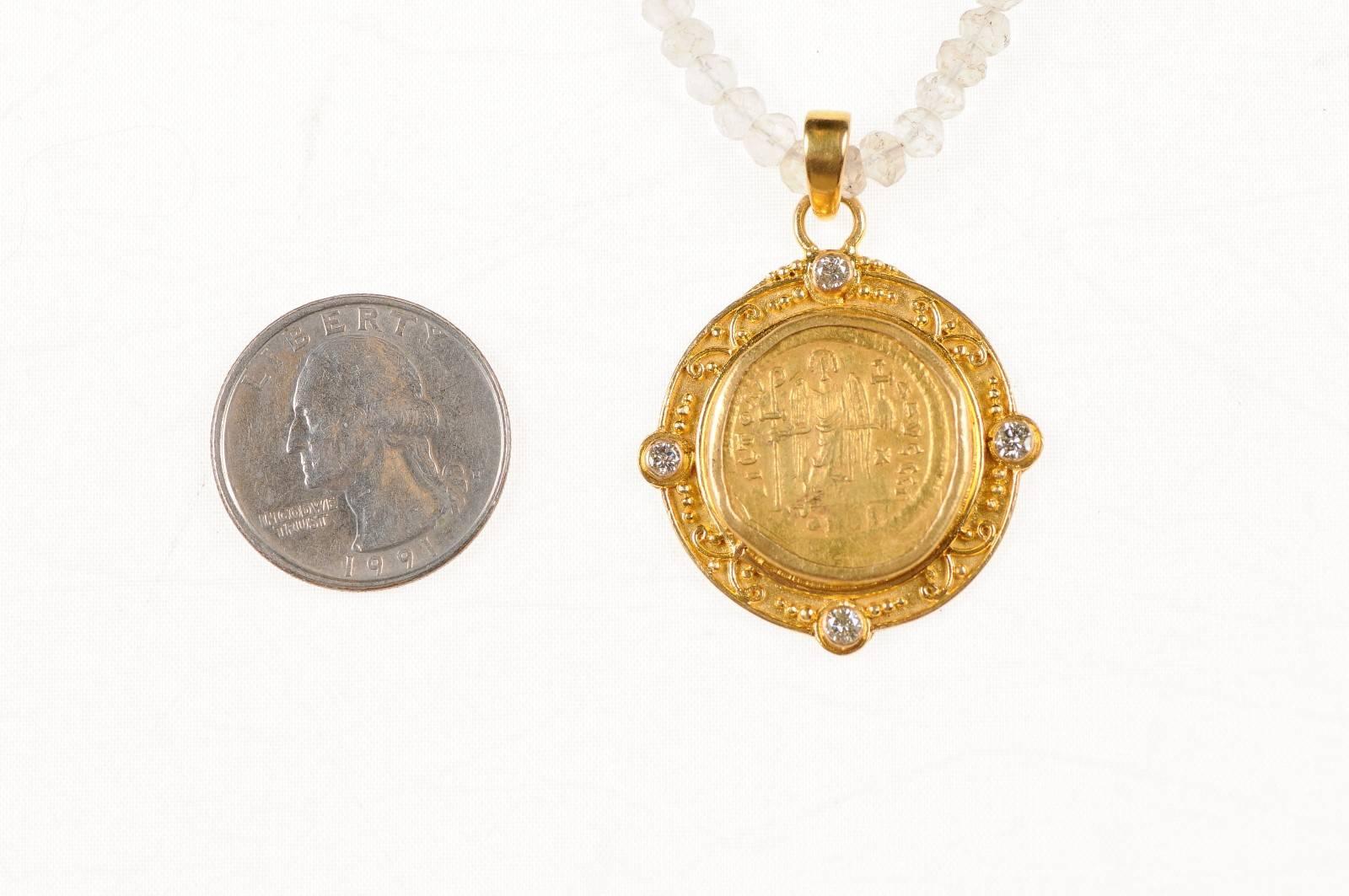Italian Justinian I, AV Roman Coin Necklace with 22-Karat Gold Bezel and Diamond Accents
