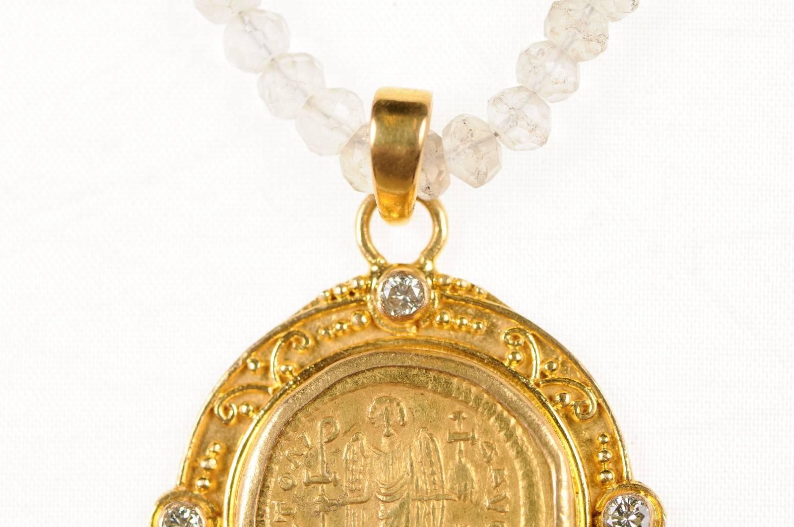 Patinated Justinian I, AV Roman Coin Necklace with 22-Karat Gold Bezel and Diamond Accents