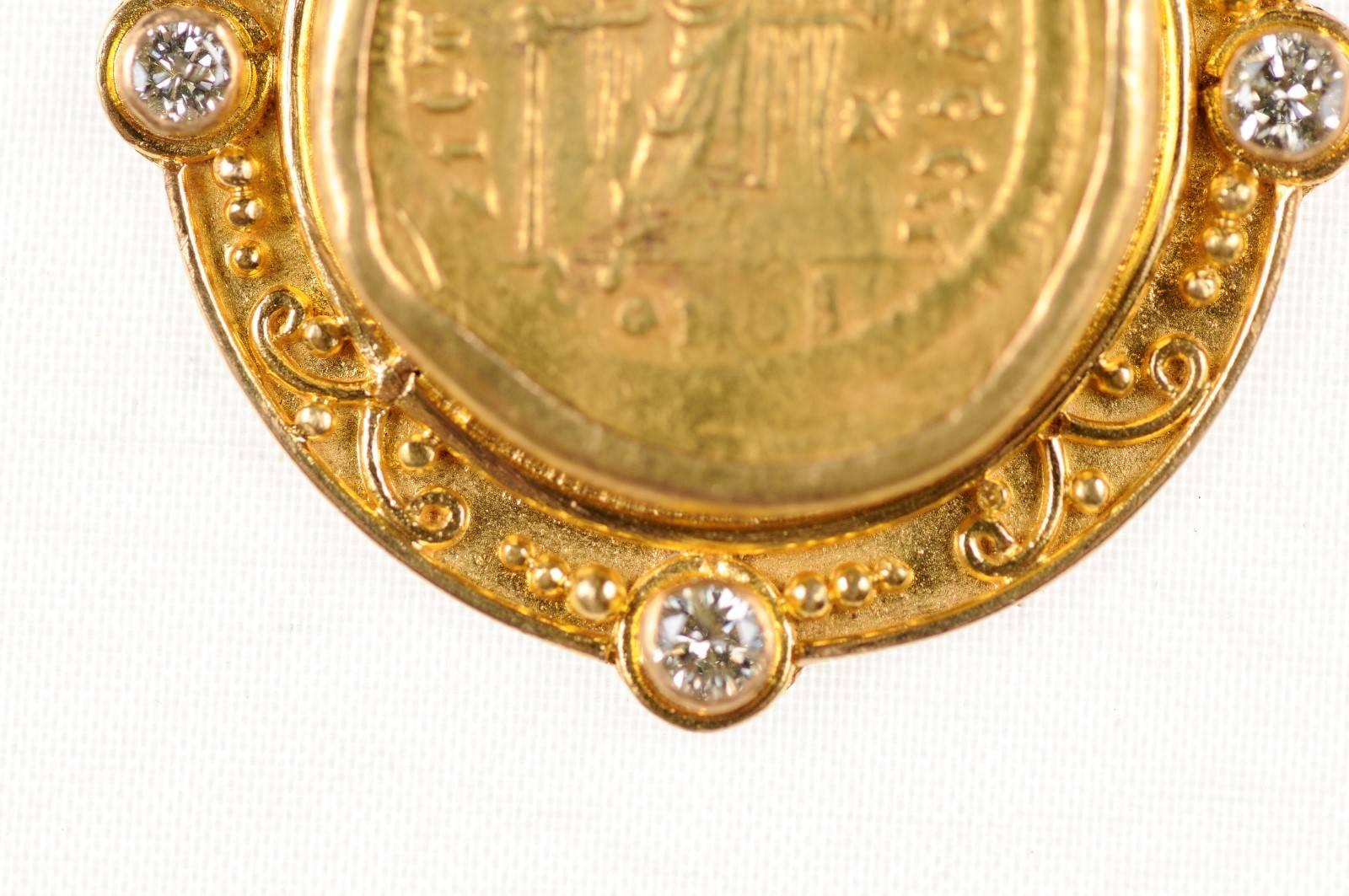 18th Century and Earlier Justinian I, AV Roman Coin Necklace with 22-Karat Gold Bezel and Diamond Accents