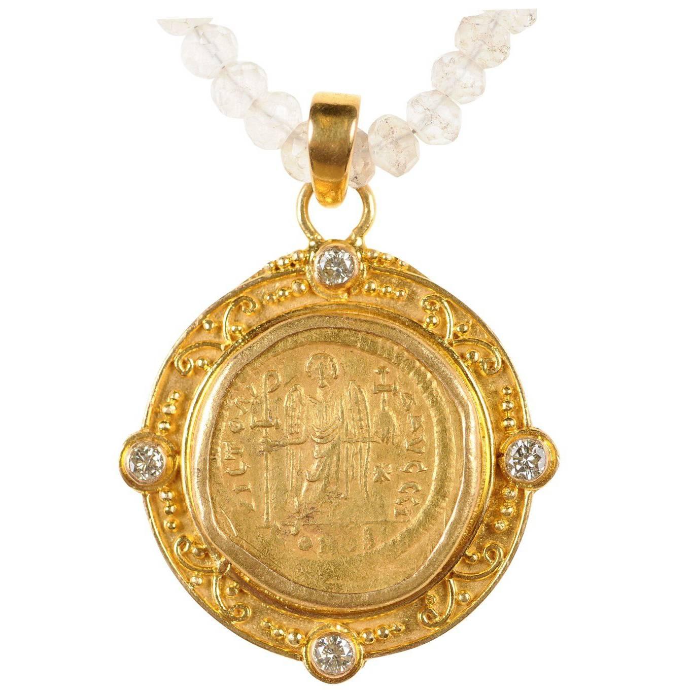 Justinian I, AV Roman Coin Necklace with 22-Karat Gold Bezel and Diamond Accents