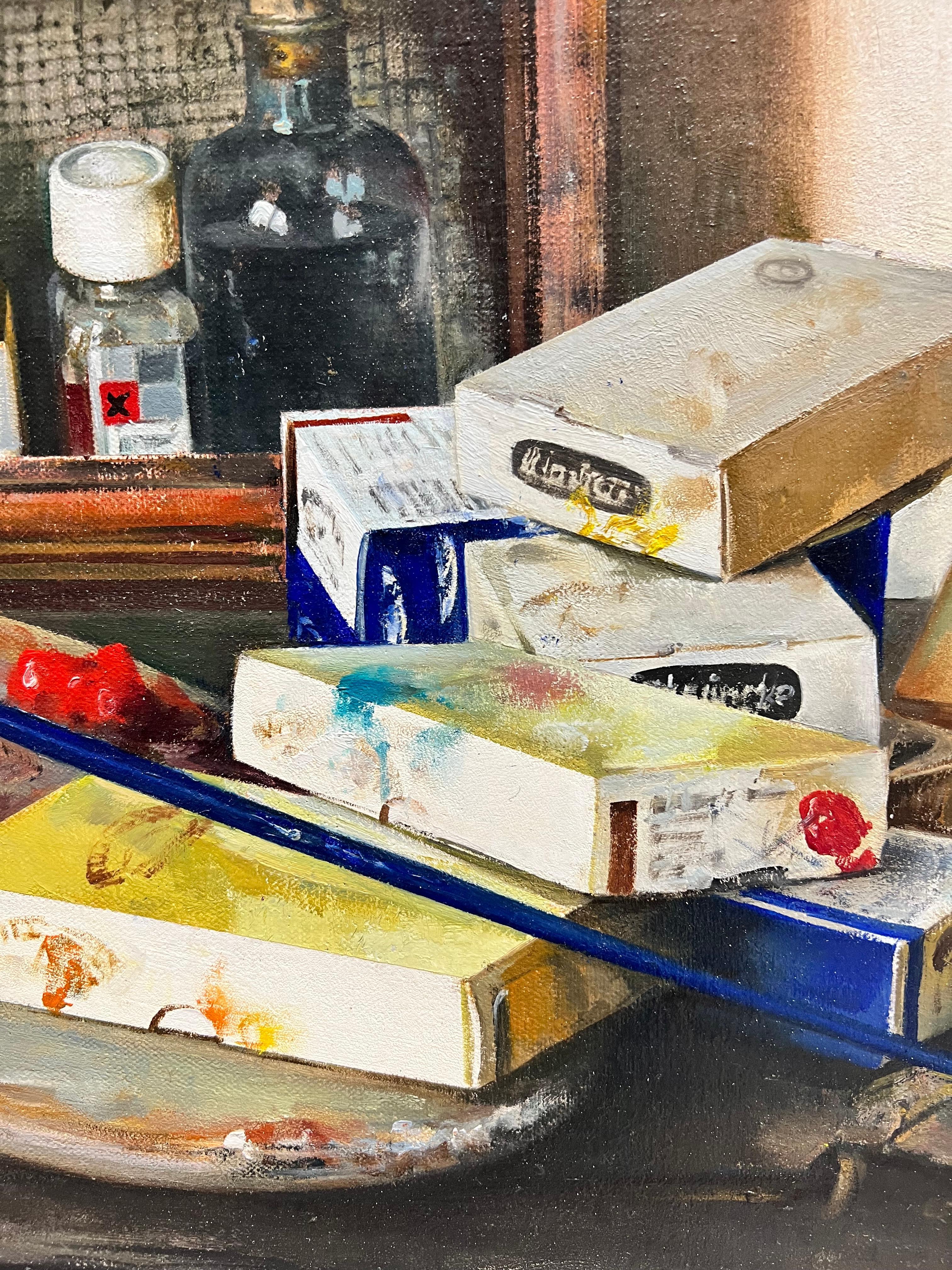 Artist Materials On Shelves - Painting by Justo Revilla