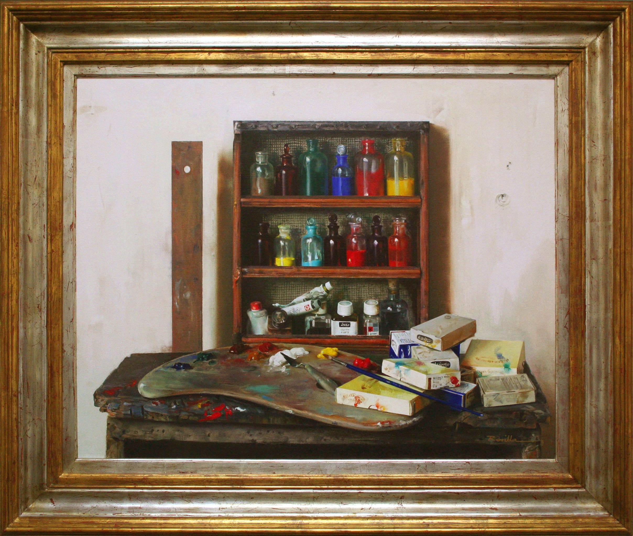 Justo Revilla Still-Life Painting - Artist Materials On Shelves
