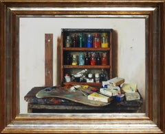 "Artist Materials on Shelves", Justo Revilla, Original Oil on Canvas, 25x31 in.