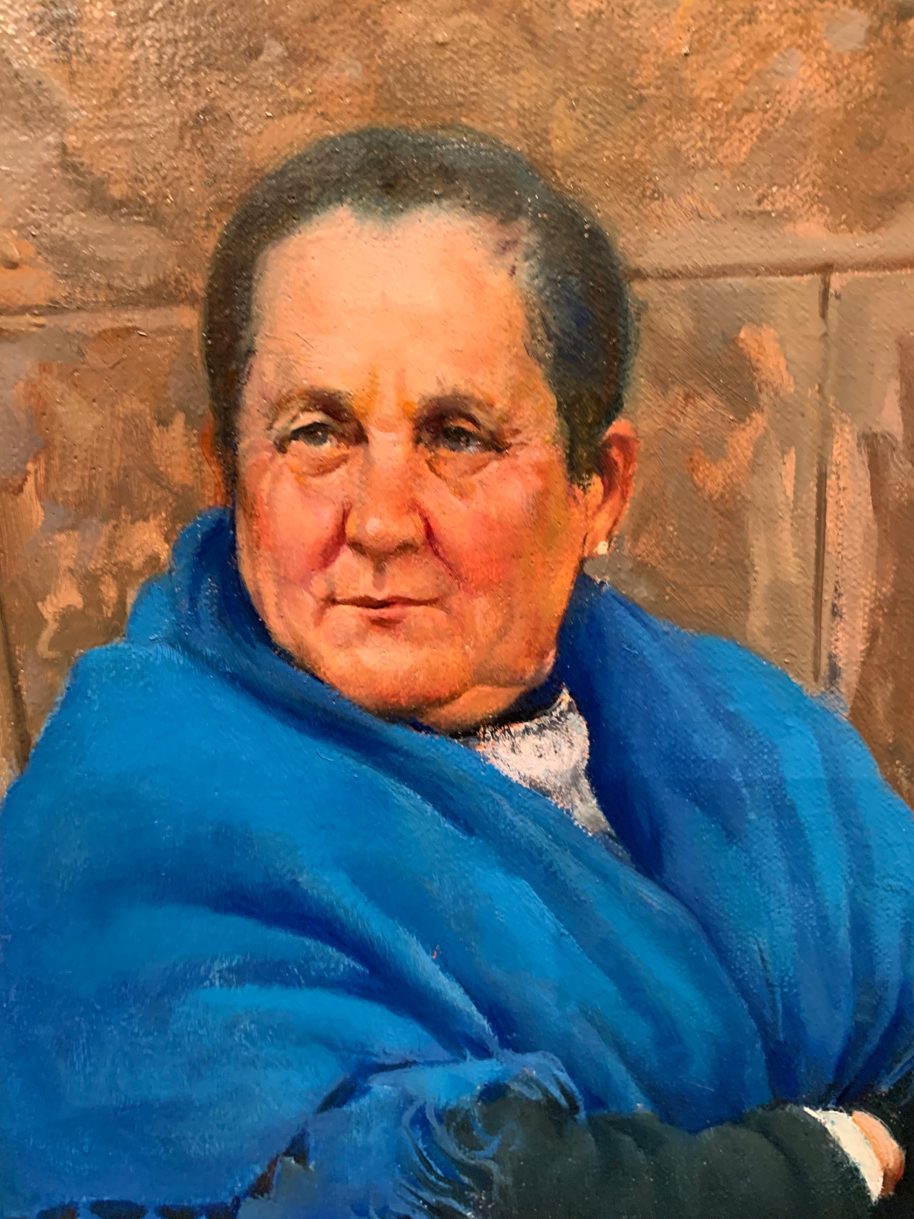 Mujer en el mercado - Figurative Painting Marrón de Justo Revilla