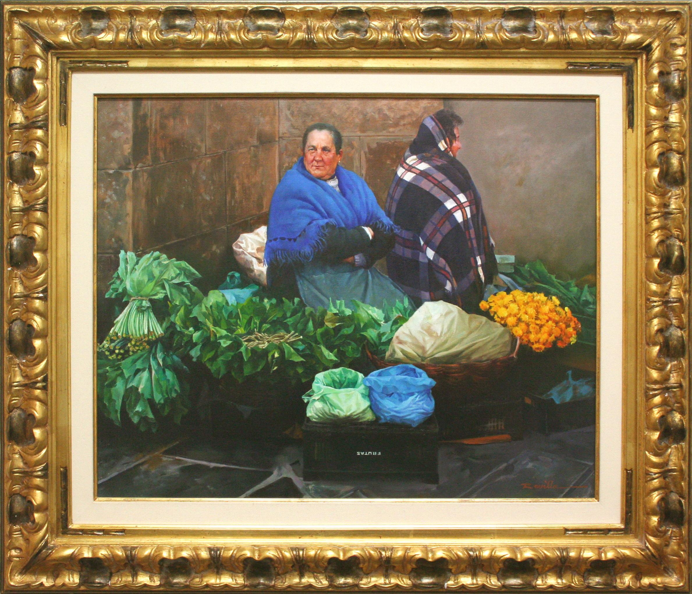 Figurative Painting de Justo Revilla - Mujer en el mercado