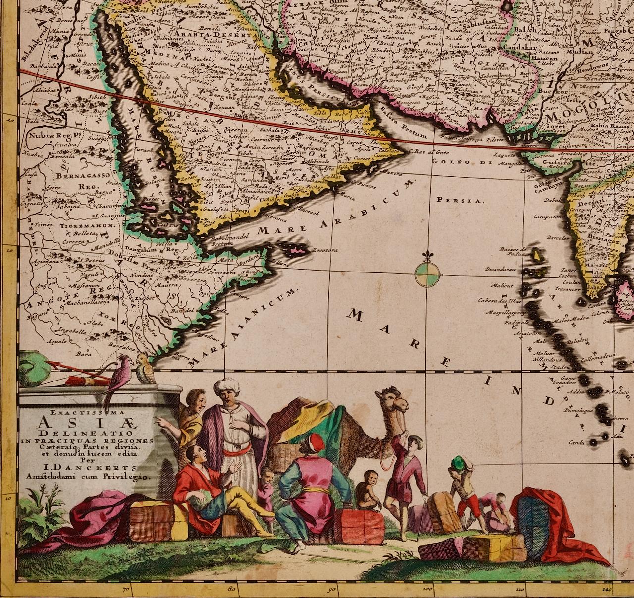 This is a scarce 17th century beautifully hand-colored copperplate engraved map of Asia entitled “Exactissima Asiae Delineatio in Praecipuas Regiones Caerterasque Partes divisa et denuo in lucem edita” by the Dutch cartographer Justus Danckerts. It