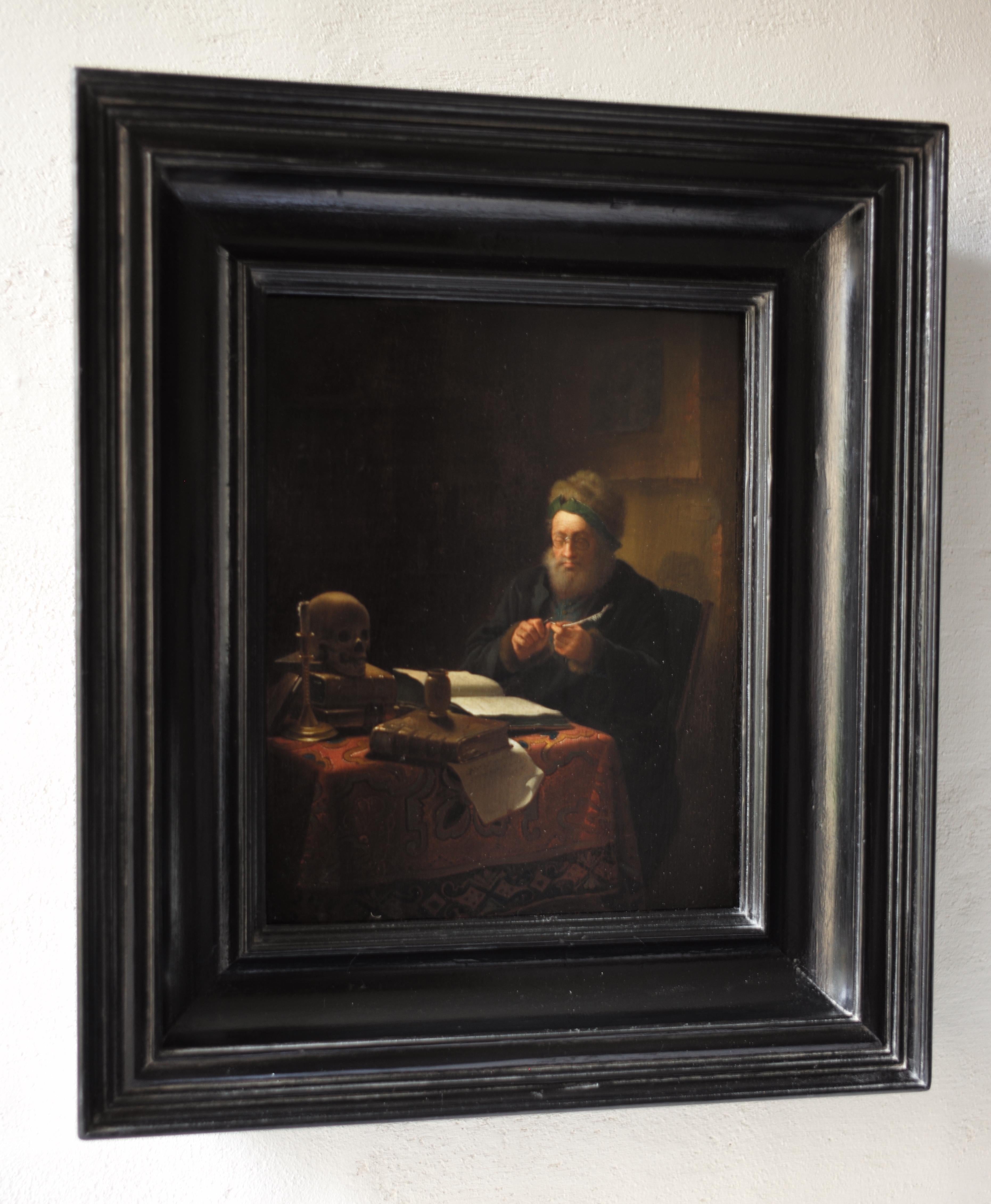 Scholar Sharpening His Quill Penn Attributed to Justus Juncker, Oil on Panel For Sale 1