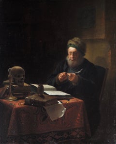 Antique Scholar Sharpening His Quill Penn Attributed to Justus Juncker, Oil on Panel