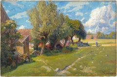 Antique Justus Lundegård, Landscape With Farm, Oil Painting 