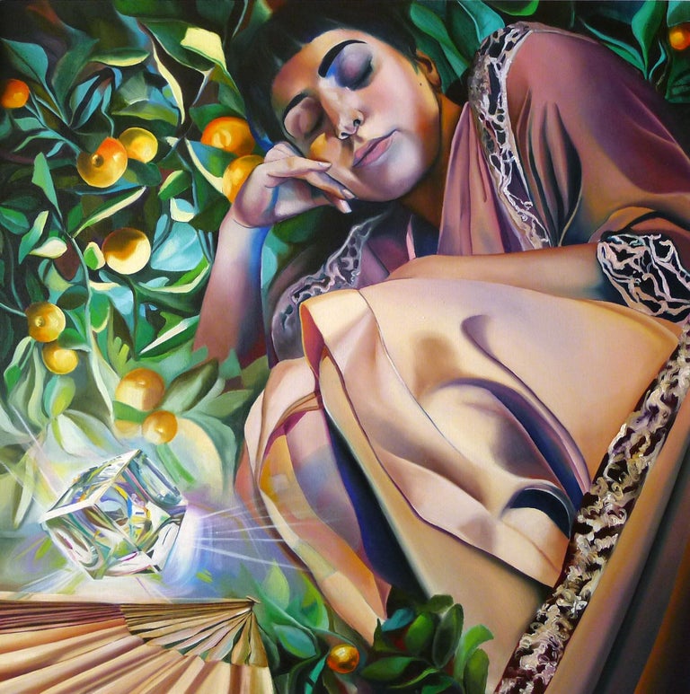 Justyna Kisielewicz Figurative Painting - A MIDSUMMER NIGHT'S DREAM - figurative surreal painting with sleeping woman