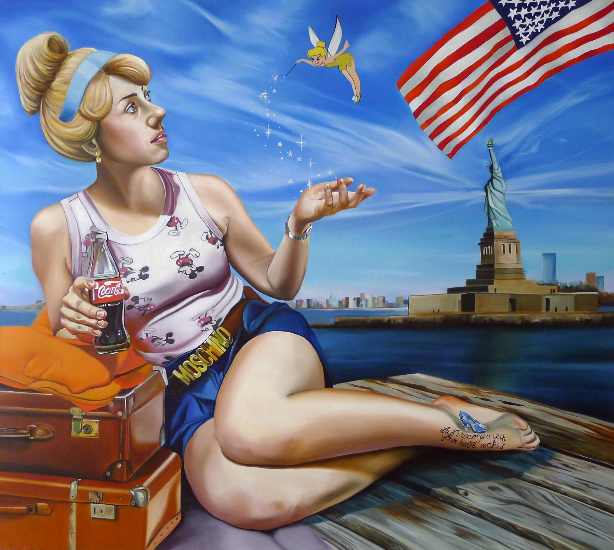 CINDERELLA - surrealist painting with Tinkerbell, Coca-Cola, and American flag