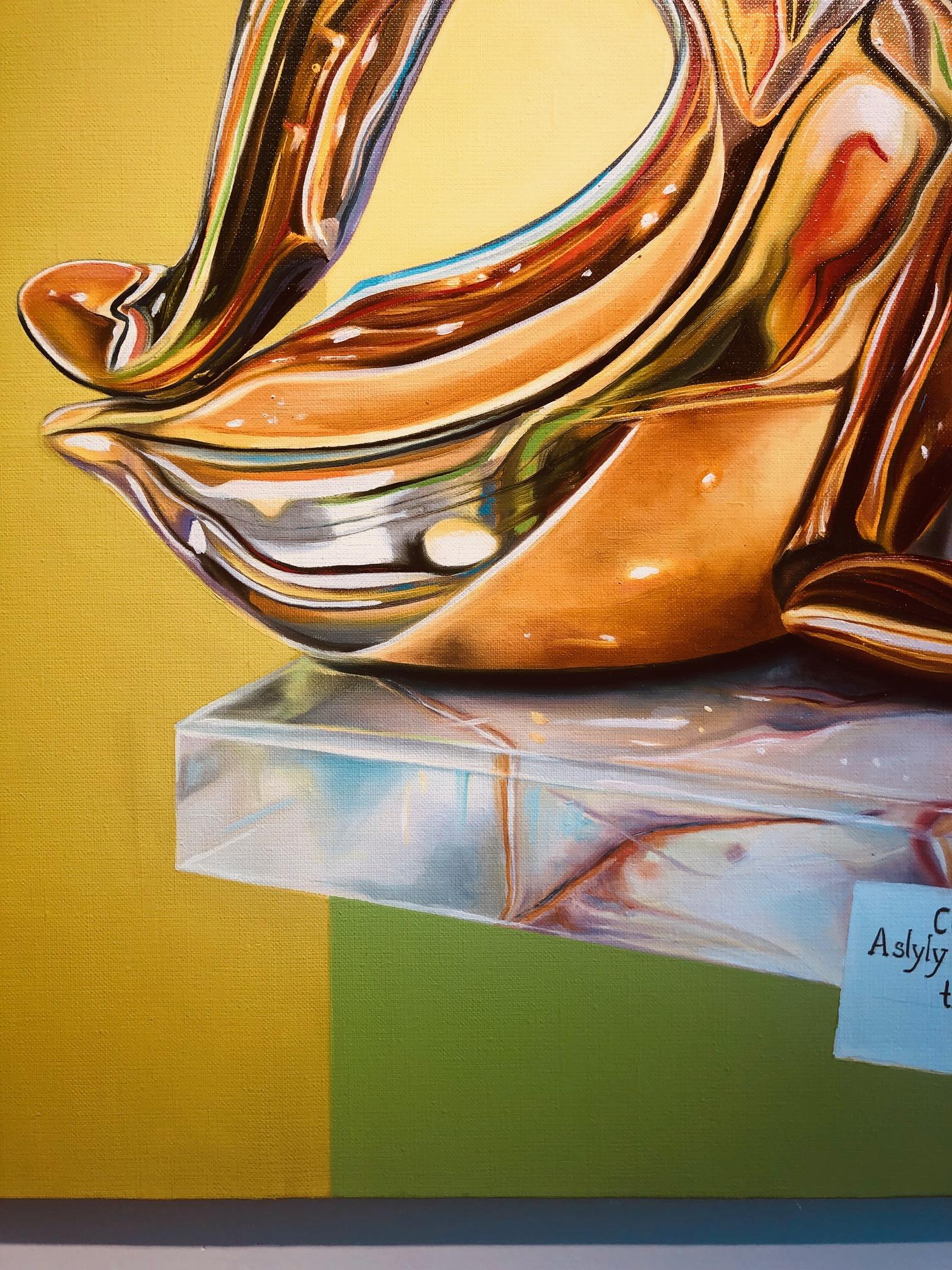 Color Field Banana, oil on linen painting, depicts a golden sculpture of a banana from artist Justyna Kisielewicz, whose elaborate, vibrant and full of zest paintings reflect her life experiences and her observations of the world around her.  A