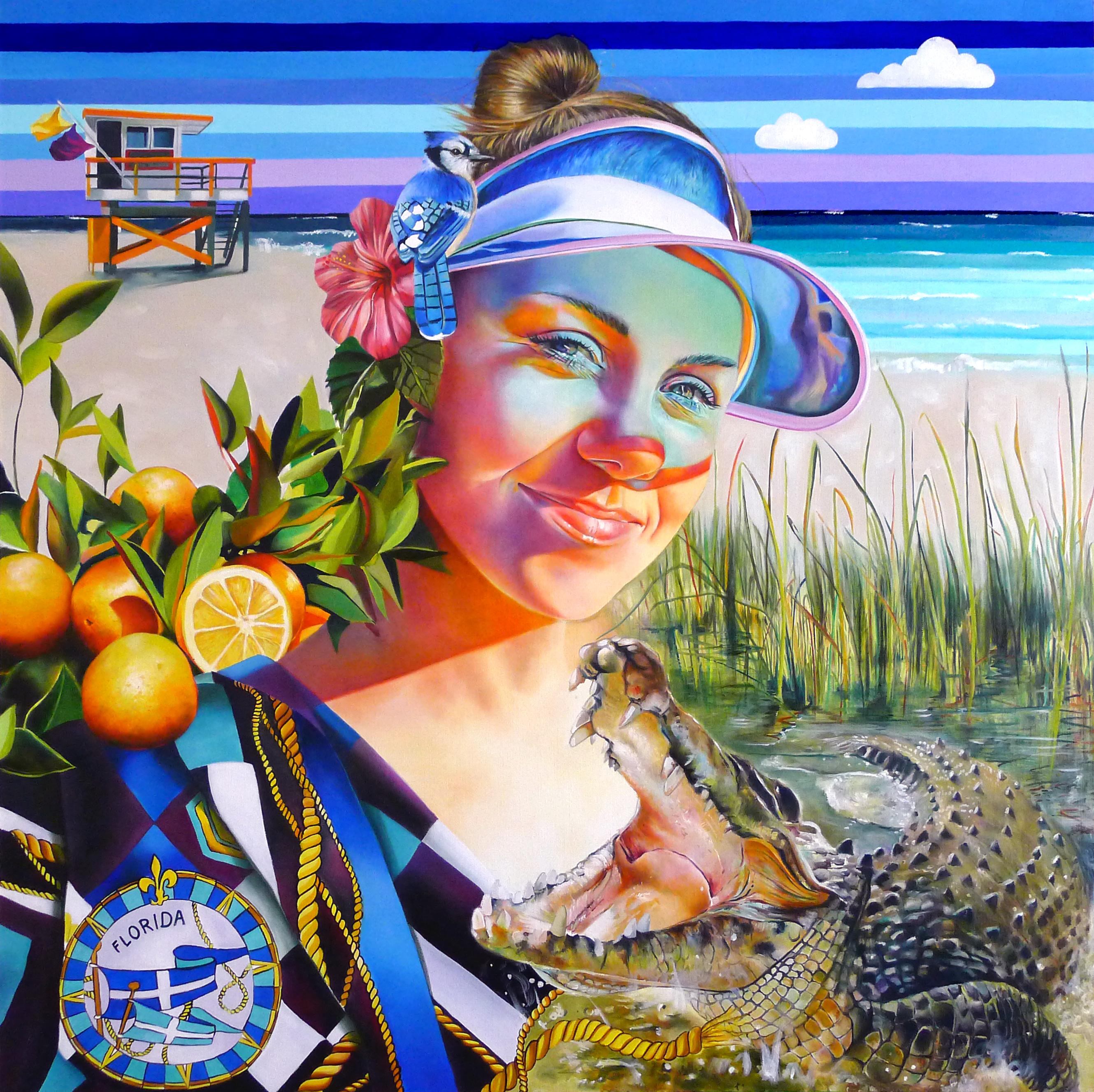 FLORIDA - figurative painting of woman with alligator, beach and oranges