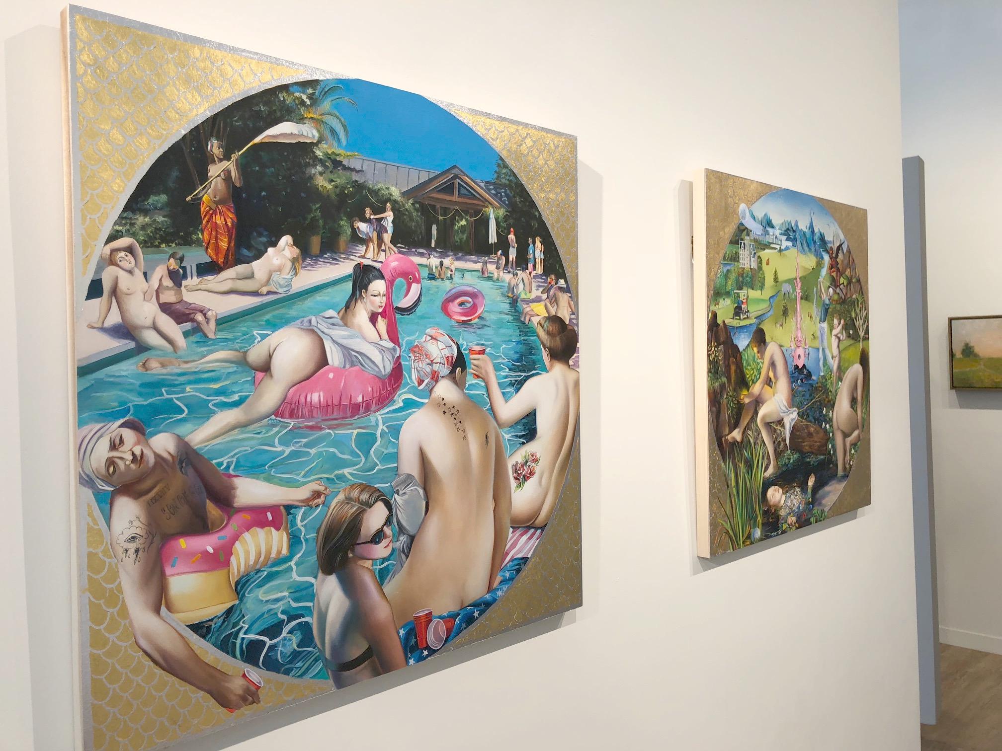 'Fountain of Youth' figurative scene that considers contemporary times and movements including Me-Too and Feminism. Scene from a hi-tech pool party that also art history and classicism, from rising art star Justyna Kisielewicz, whose elaborate oil