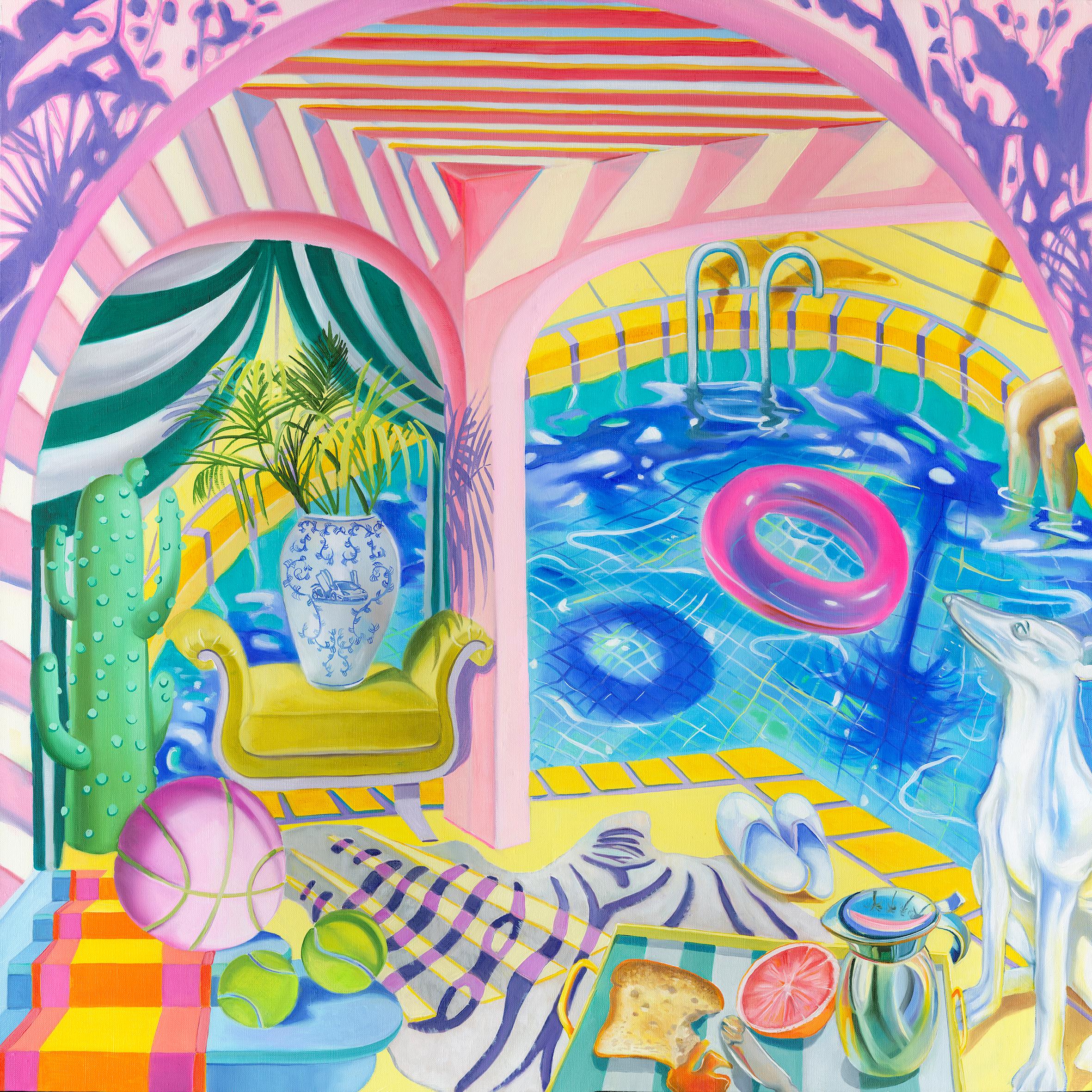 GOLDEN STATE - colorful still-life with pool, dog and vase