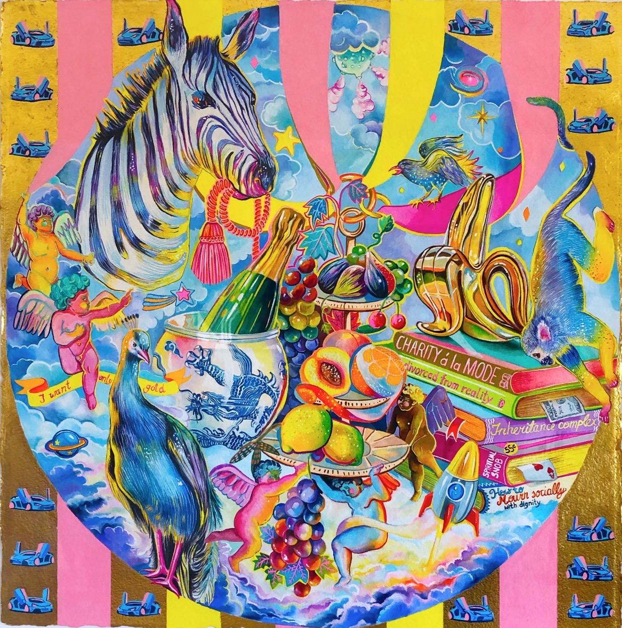 Justyna Kisielewicz Still-Life Painting - I ONLY WANT GOLD - lamborghini / lambo motif with zebra contemporary still life