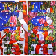 MAKE LOVE - photorealistic painting with flowers and American flag and text