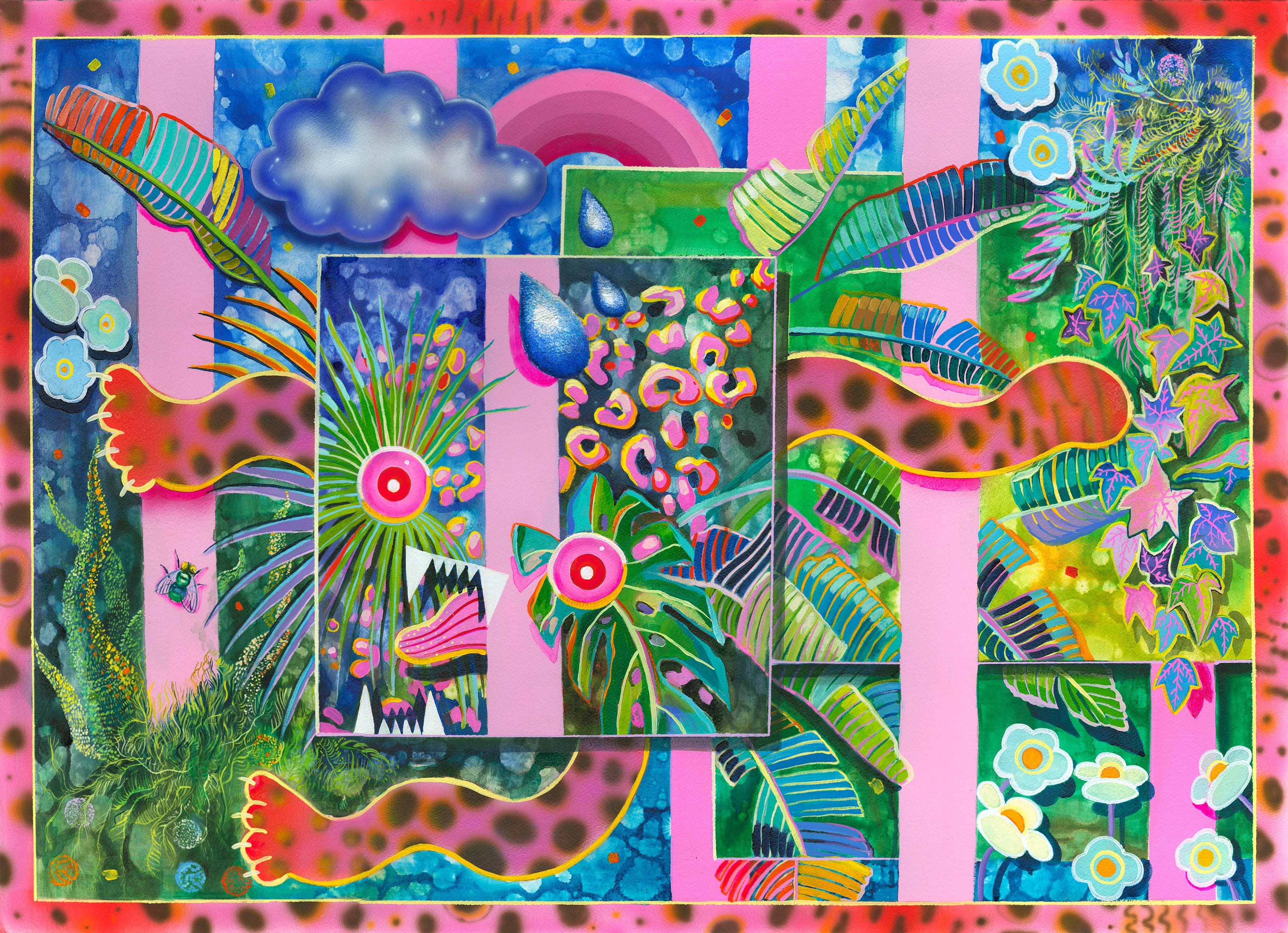 Justyna Kisielewicz Still-Life Painting – MI GATO ES ROSADO - kräftiges rosa und grünes Gemälde einer verrückten Katze und einer tropischen Pflanze