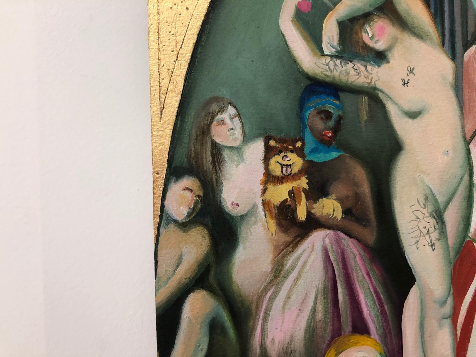'The Rascals' figurative scene that considers contemporary times and movements including Me-Too and Feminism from rising art star Justyna Kisielewicz, whose elaborate oil on panel paintings with gold leaf speak of daily life. 'The Rascals; is the