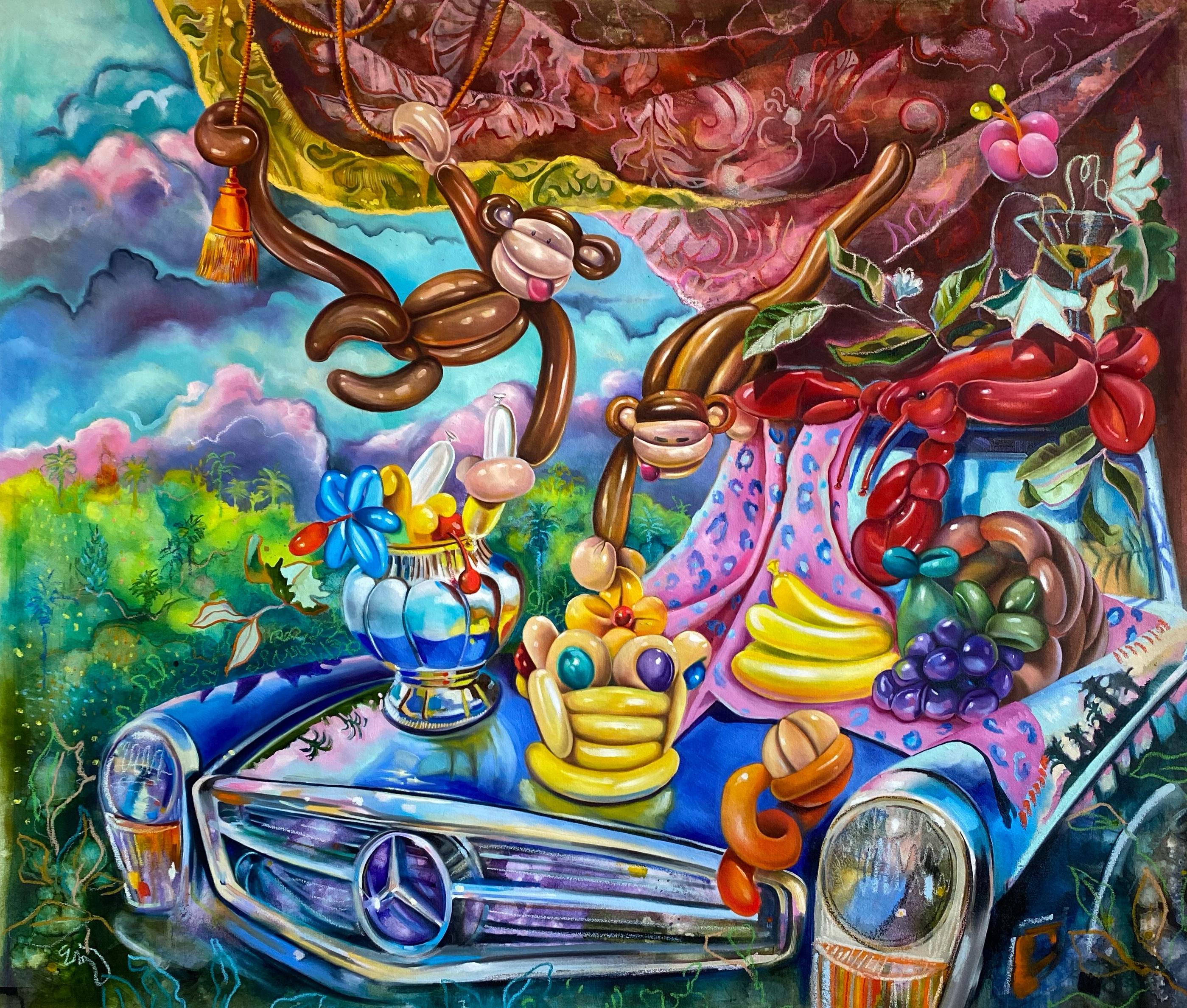 THE REVOLUTION - bold, colorful surrealist painting with balloon animals- monkey