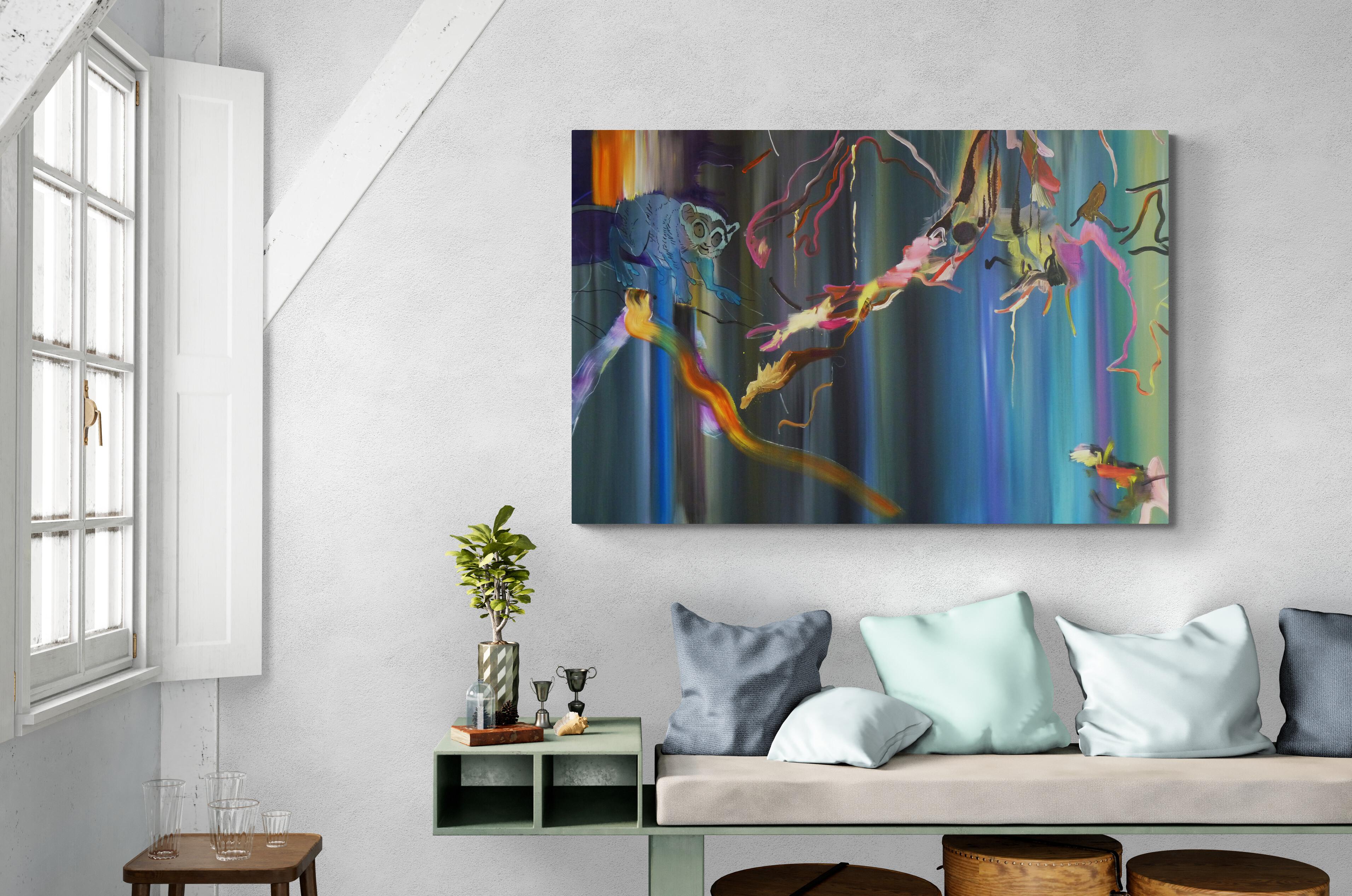 Wo habe ich es gelassen? –  Lemur, Dschungel, Modernes Landschaftsgemälde, farbenfroh, blau (Zeitgenössisch), Painting, von Justyna Pennards-Sycz