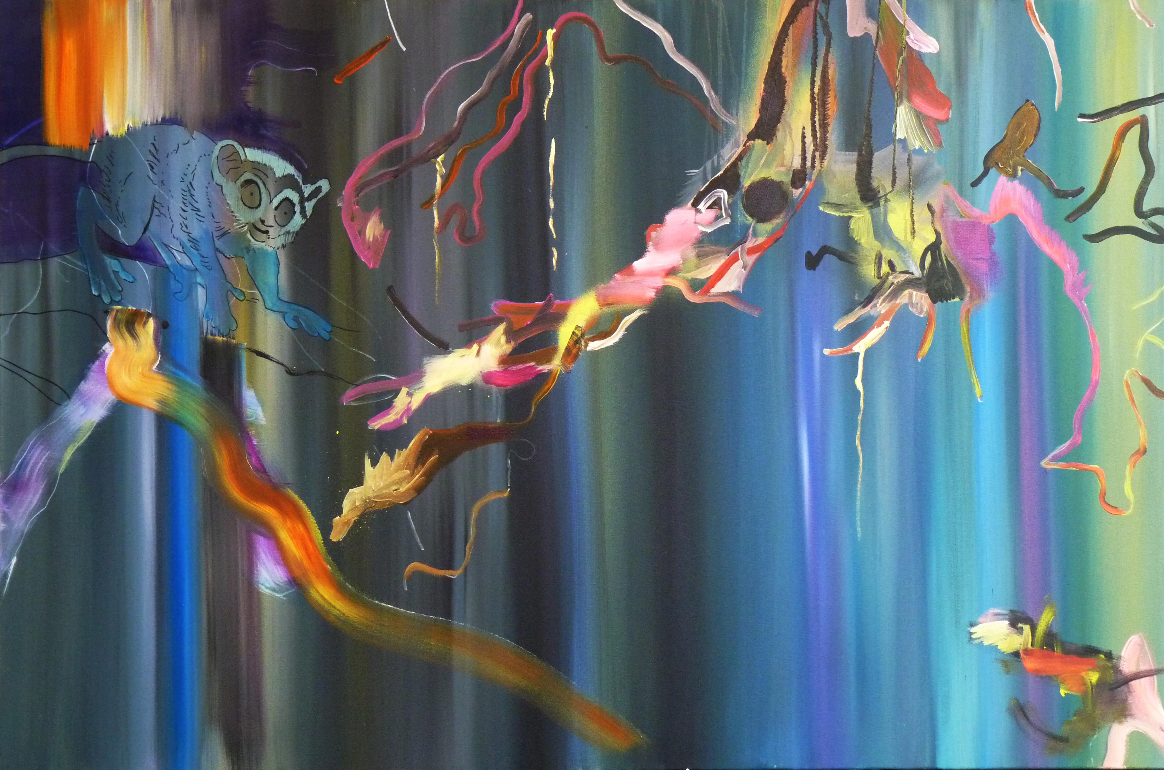 Justyna Pennards-Sycz Animal Painting – Wo habe ich es gelassen? –  Lemur, Dschungel, Modernes Landschaftsgemälde, farbenfroh, blau