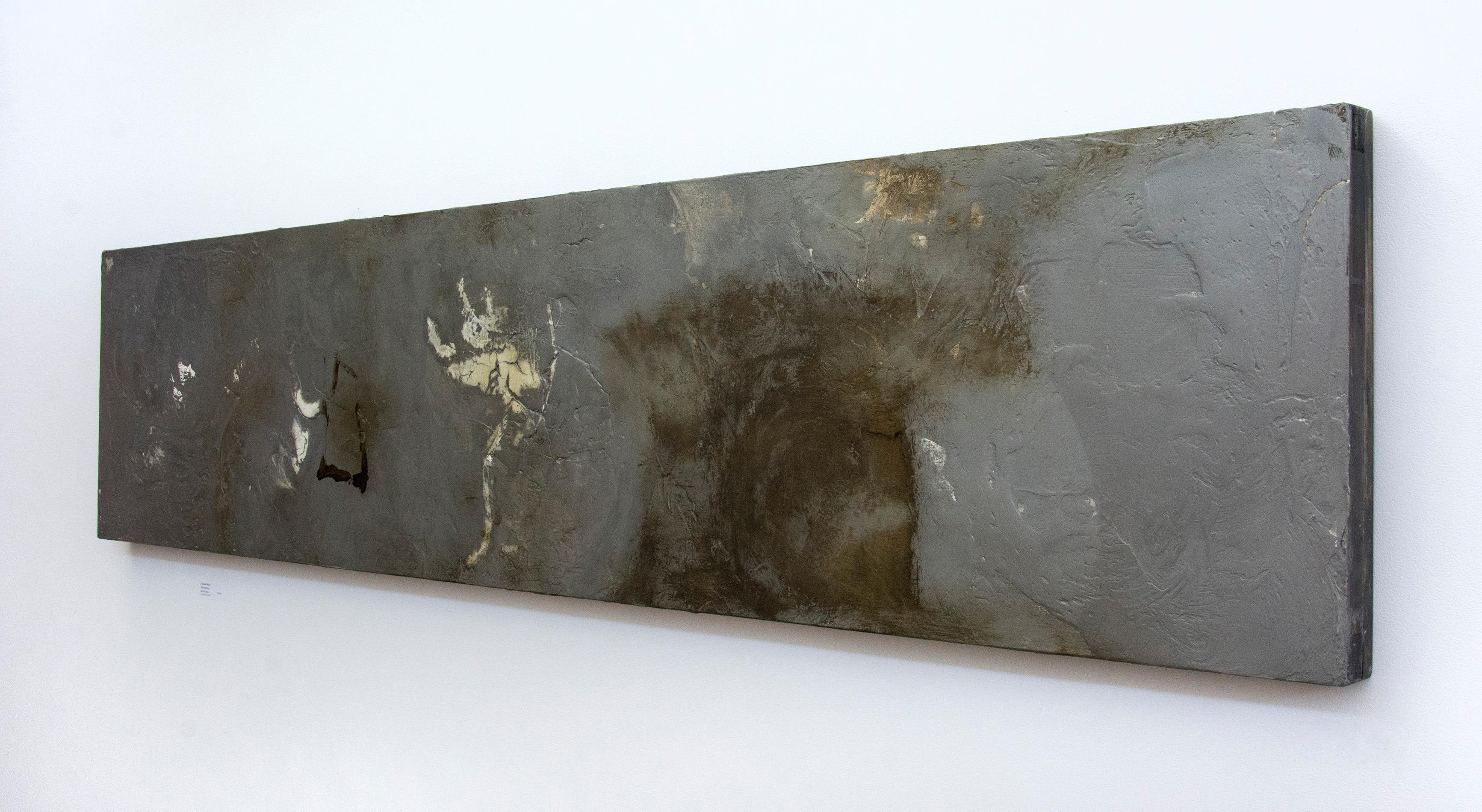 Washes of charcoal and ochre merge with a tactile surface in this atmospheric plaster and pigment painting by Jutta Naim. Marks pulled by hand through the plaster, thick and cracking dynamically in areas, create a lively and balanced composition.