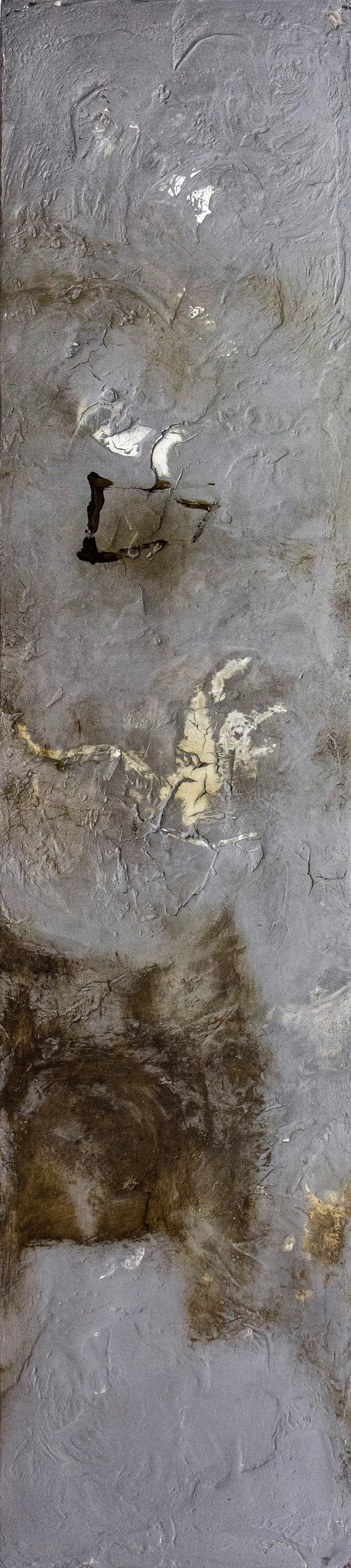 Washes of charcoal and ochre merge with a tactile surface in this atmospheric plaster and pigment painting by Jutta Naim. Marks pulled by hand through the plaster, thick and cracking dynamically in areas, create a lively and balanced composition.
