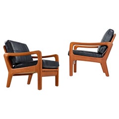 Juul Kristensen Danish Solid Teak Lounge Chair Set in New Black Leather