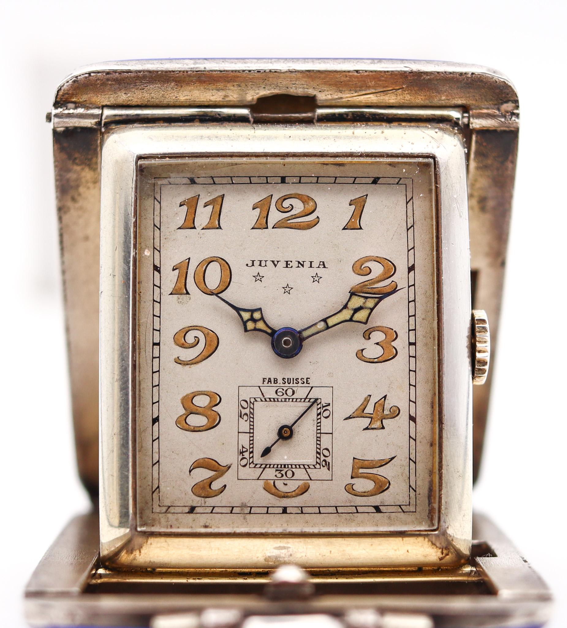 Art Deco Juvenia 1925 Travel Pendant Desk Clock In Sterling Silver With Guilloche Enamel For Sale