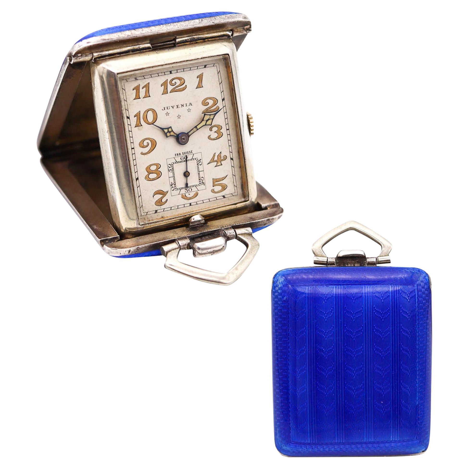 Juvenia 1925 Travel Pendant Desk Clock In Sterling Silver With Guilloche Enamel For Sale